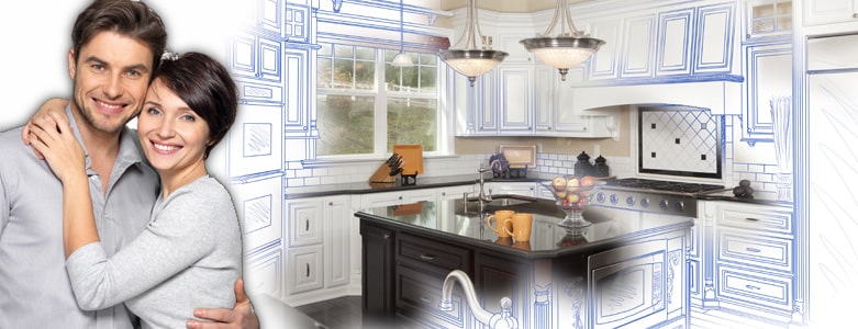 A smiling couple embraces on the left, while the right side shows a partially drawn kitchen, blending real elements with blue line sketches of cabinets and appliances, symbolizing home renovation or remodeling plans.