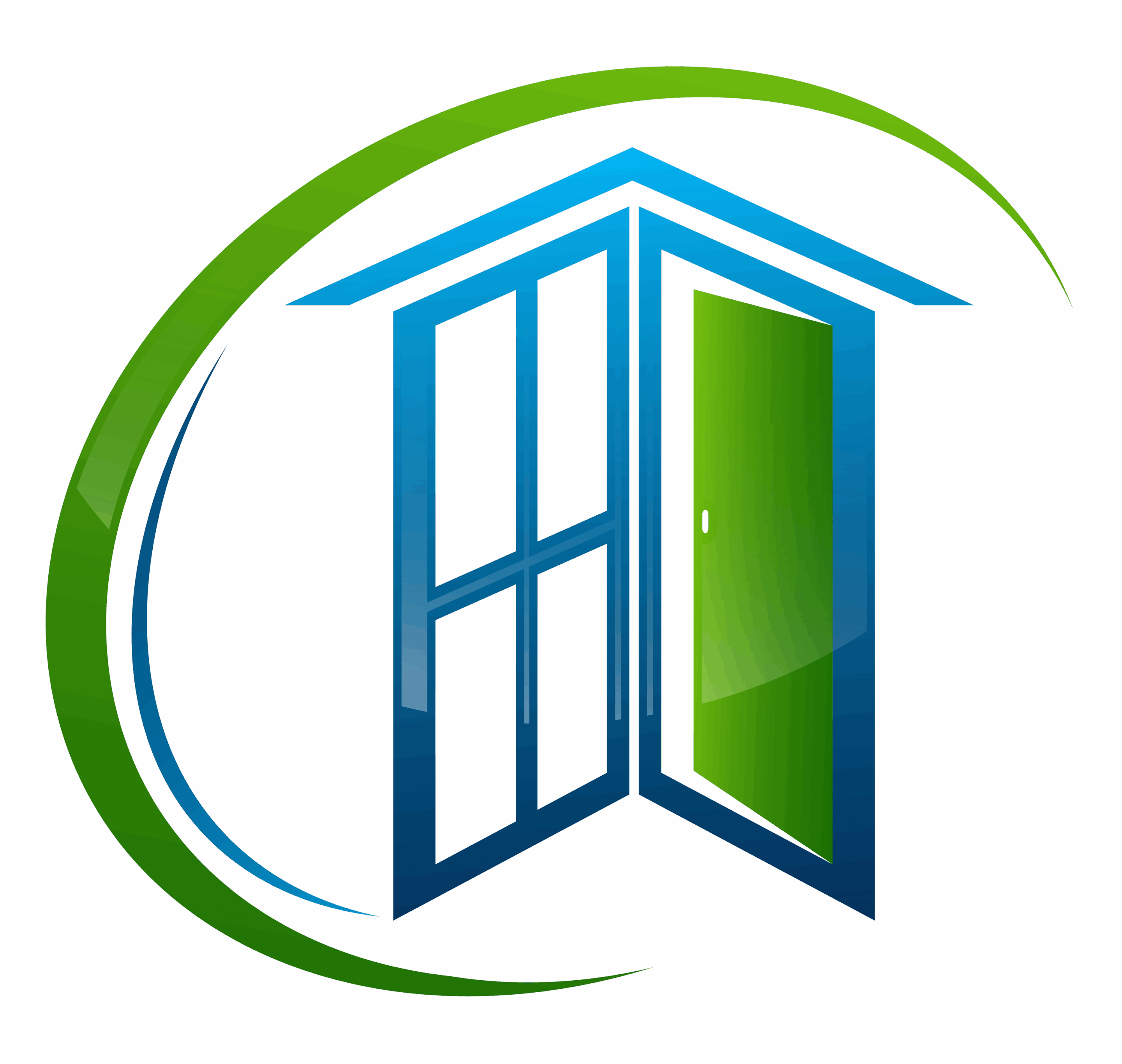 A stylized blue door and window with a green door, surrounded by a green curved swoosh forming a partial oval, on a light background.