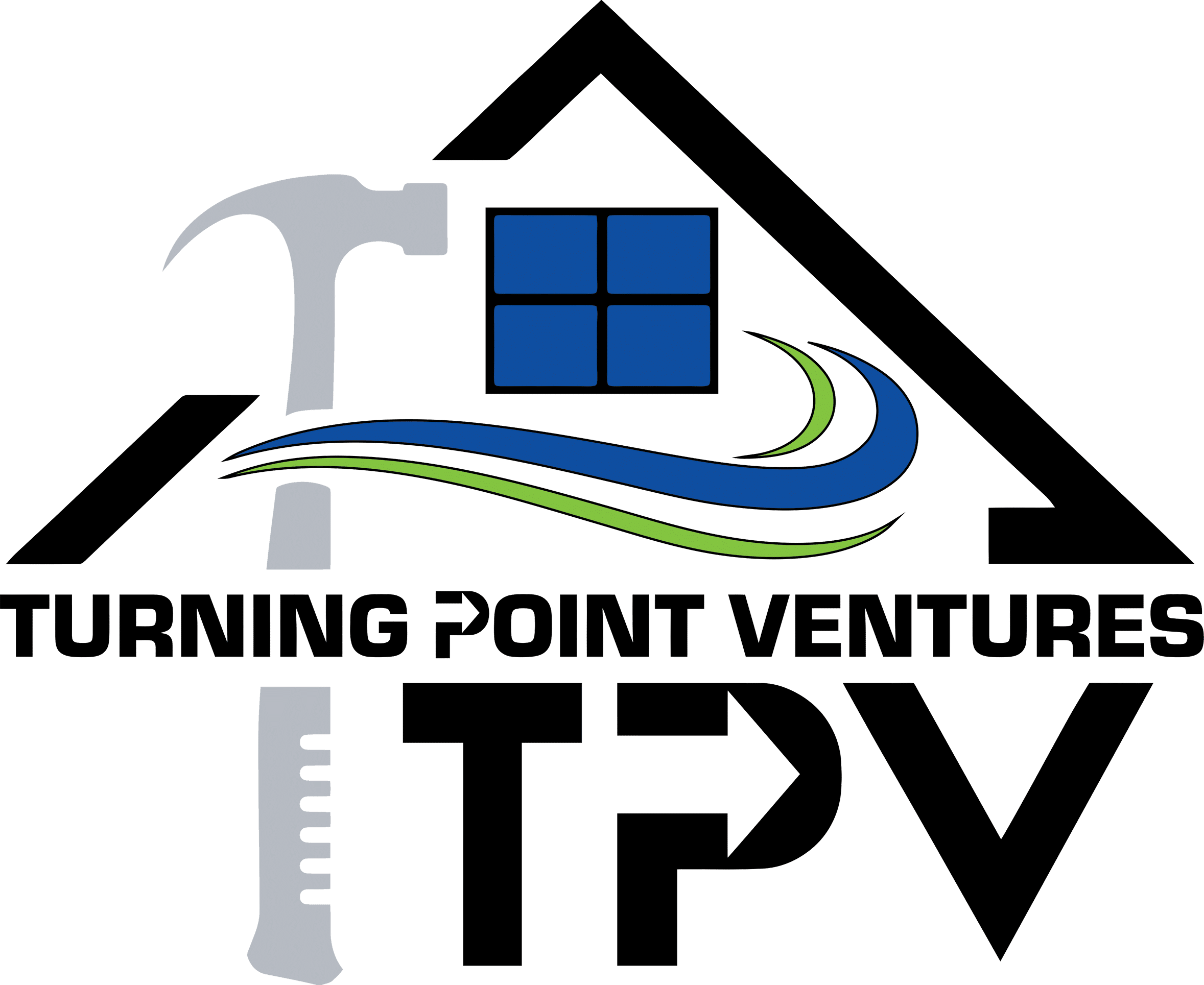 Logo for Turning Point Ventures (TPV) featuring a house outline with a blue window, a hammer on the left, and blue and green swoosh lines. The company name and initials are in bold, black letters.