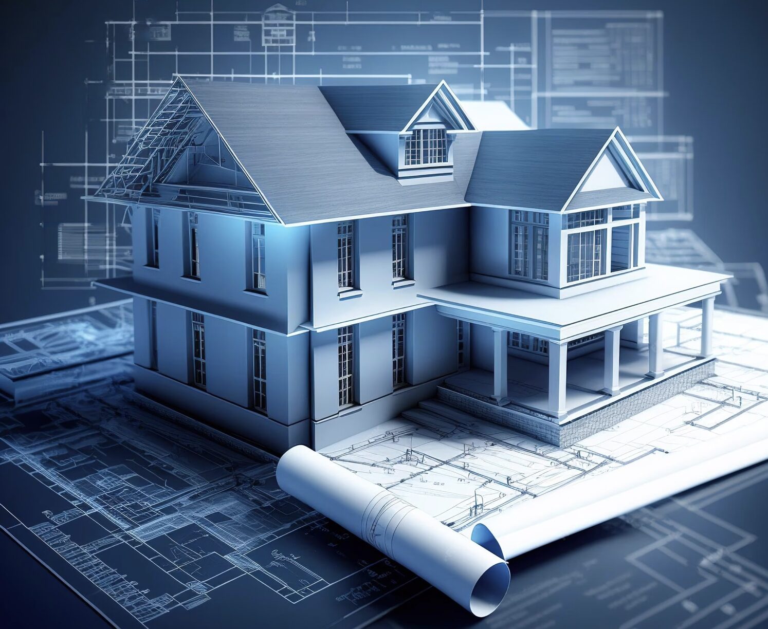 A 3D model of a two-story house sits atop architectural blueprints, with additional technical drawings and sketches in the background, illustrating residential construction planning.