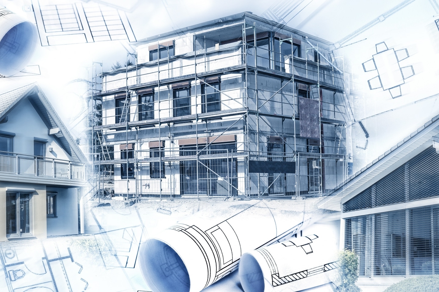 A digitally edited image showing a modern house under construction with scaffolding, surrounded by architectural blueprints and sketches, blending elements of completed homes and design plans.