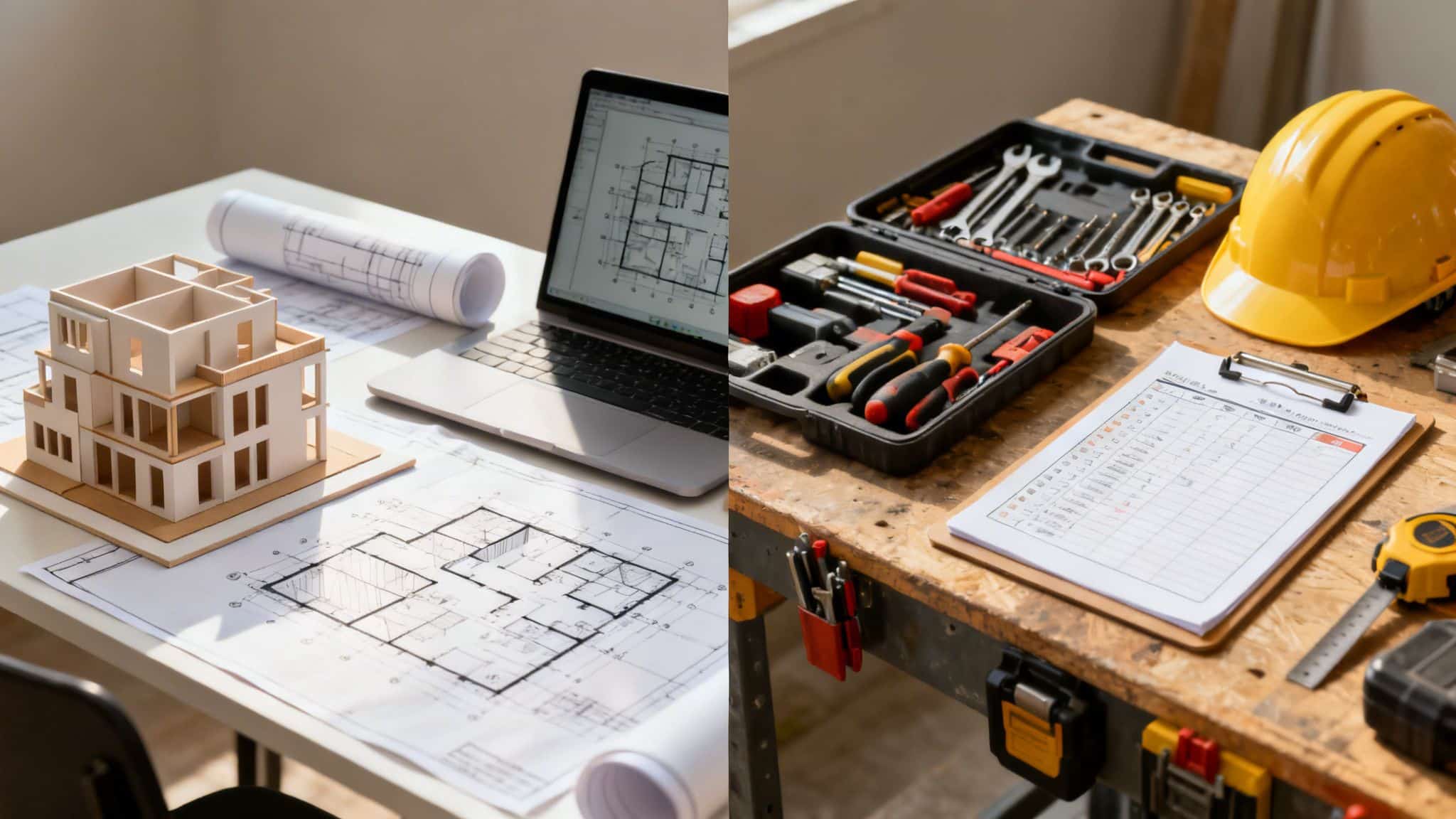 Architectural plans, a building model, and construction tools represent different stages of building.