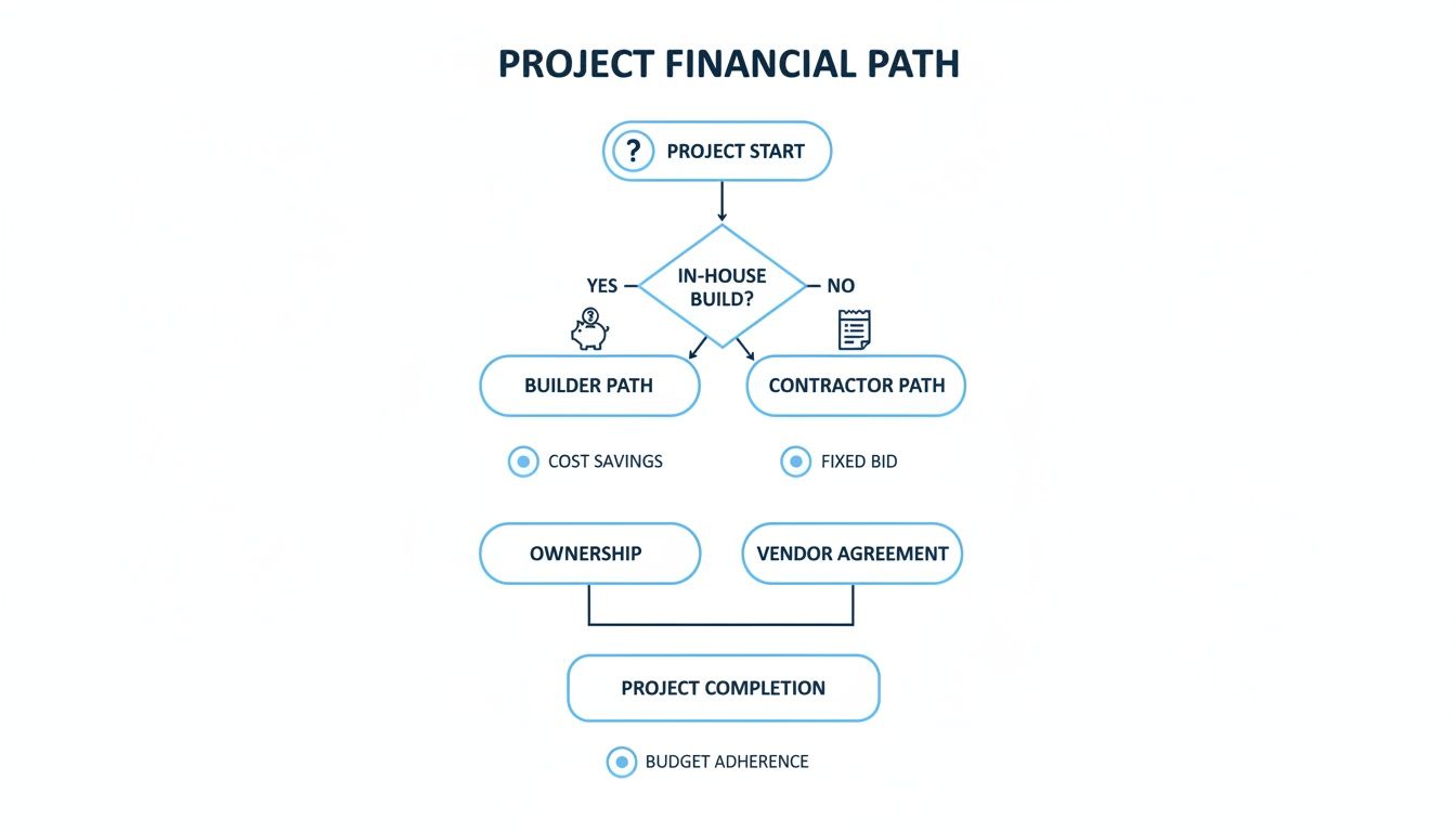 Flowchart shows two project financial paths: in-house builder with ownership, or contractor with fixed bid.