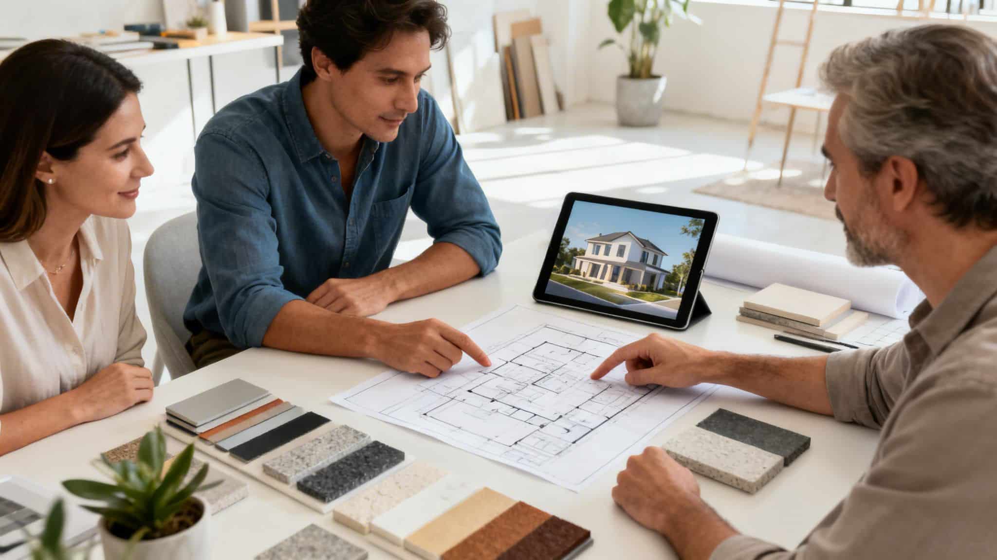A couple consults with an architect about home design, reviewing blueprints and material samples.