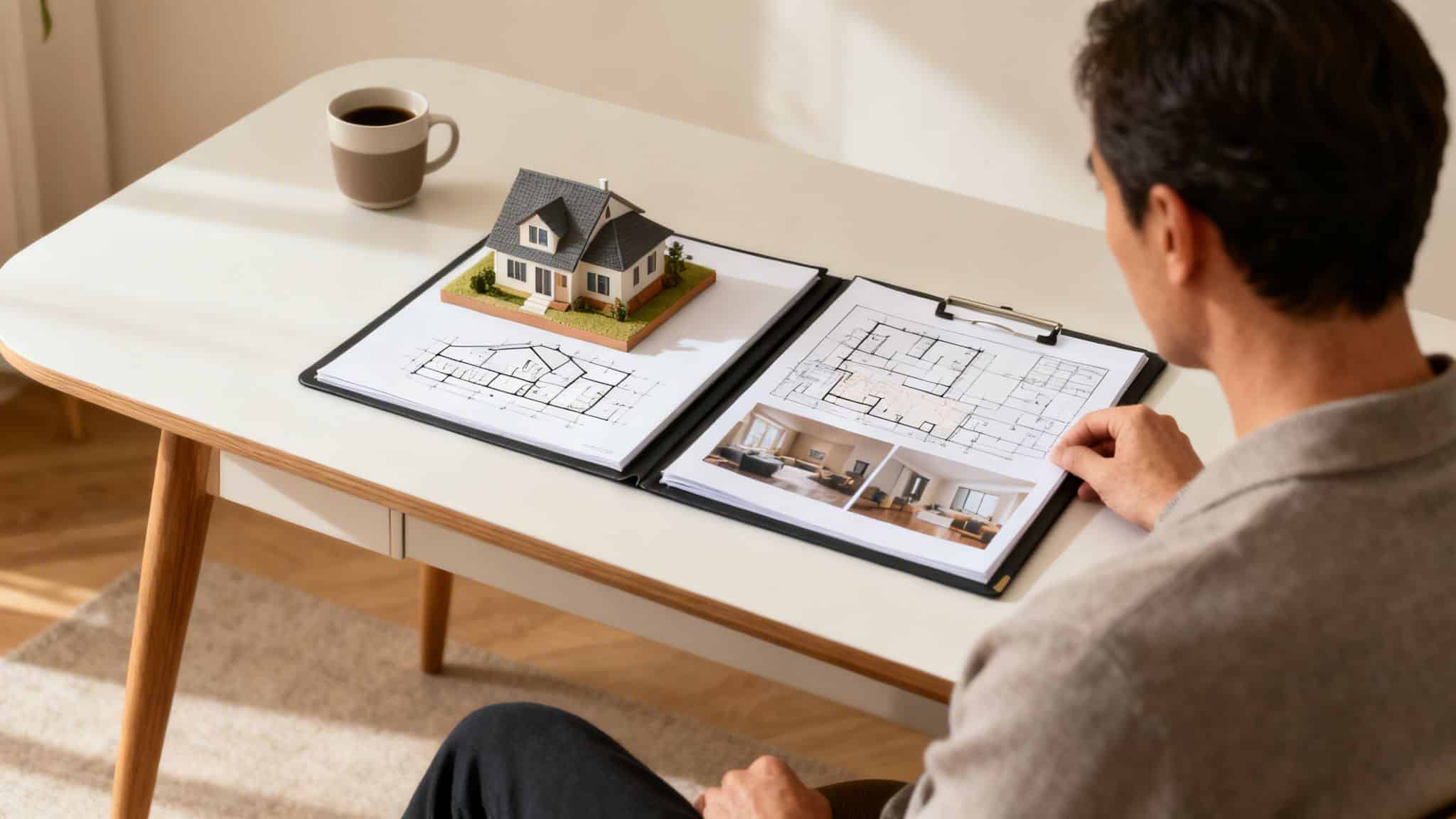 A person reviews house plans and interior design photos with a model home on a desk, next to a coffee mug.