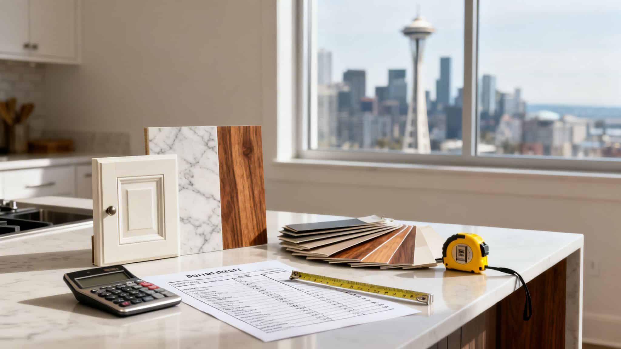 A kitchen countertop with a calculator, ruler, tape measure, quote sheet, wood and marble samples, and cabinet door sample. A large window overlooks a cityscape with a recognizable tower in the background.