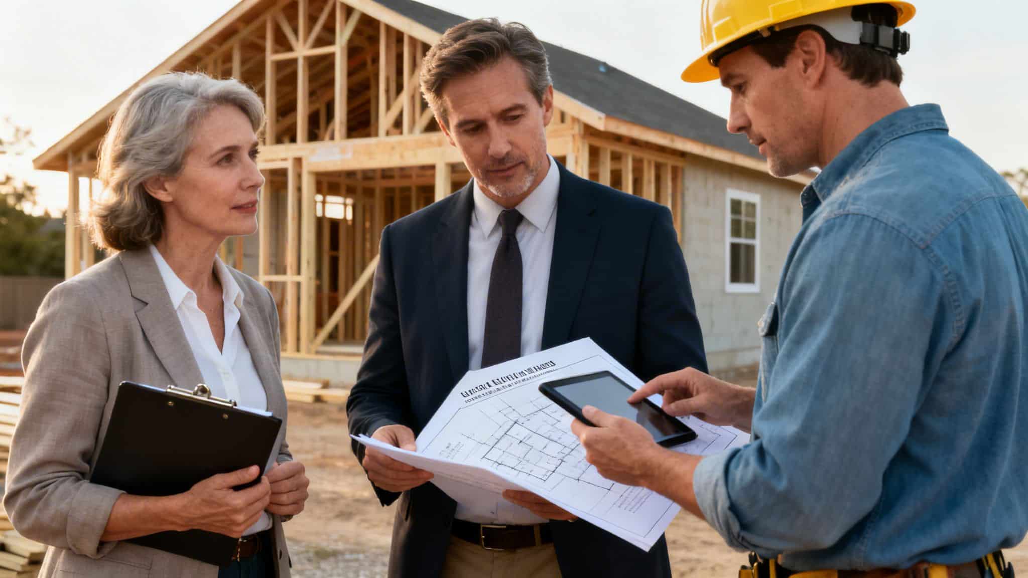 A businesswoman, businessman, and construction worker reviewing plans at a new home construction site.