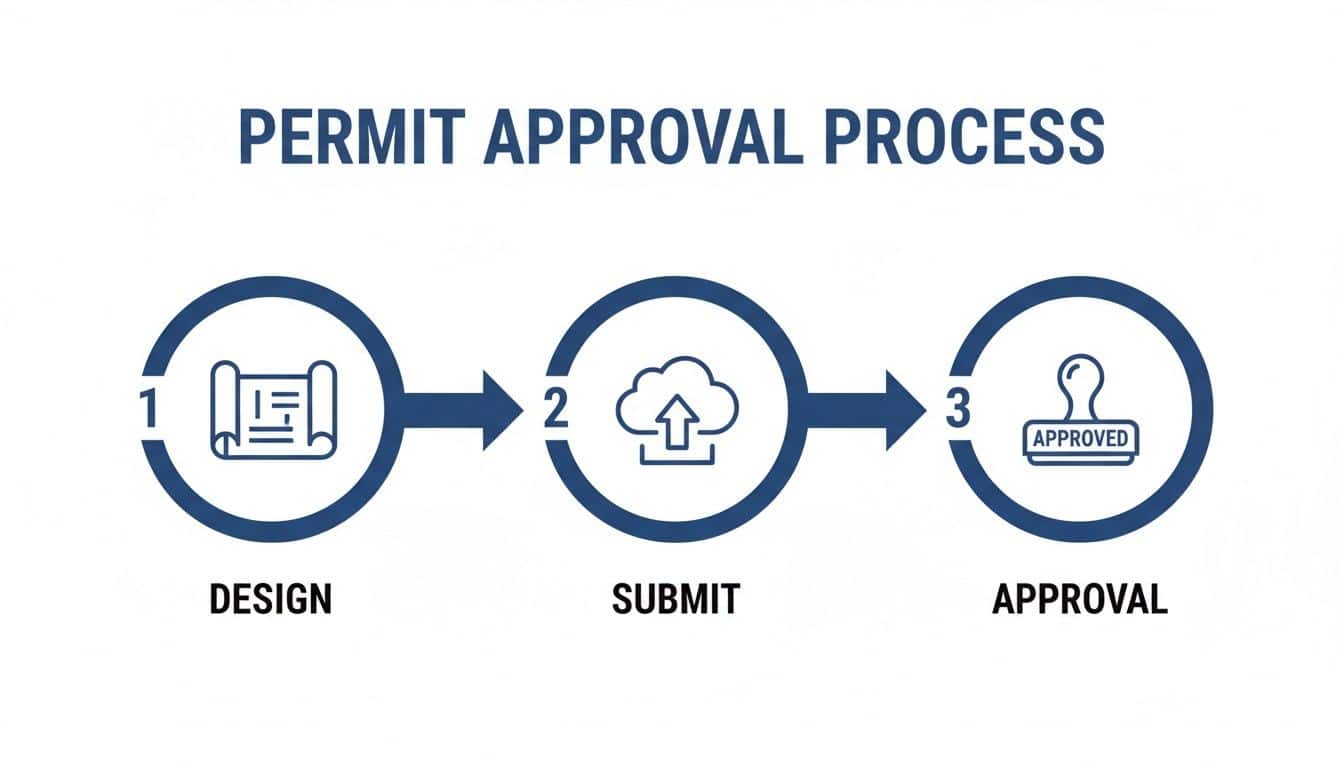 A visual guide illustrating the three steps of a permit approval process: design, submit, and approval.