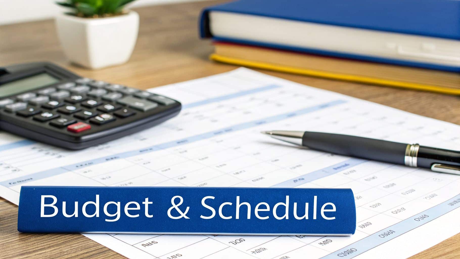 A blue sign 'Budget & Schedule' on a desk with a calculator, pen, and financial documents.