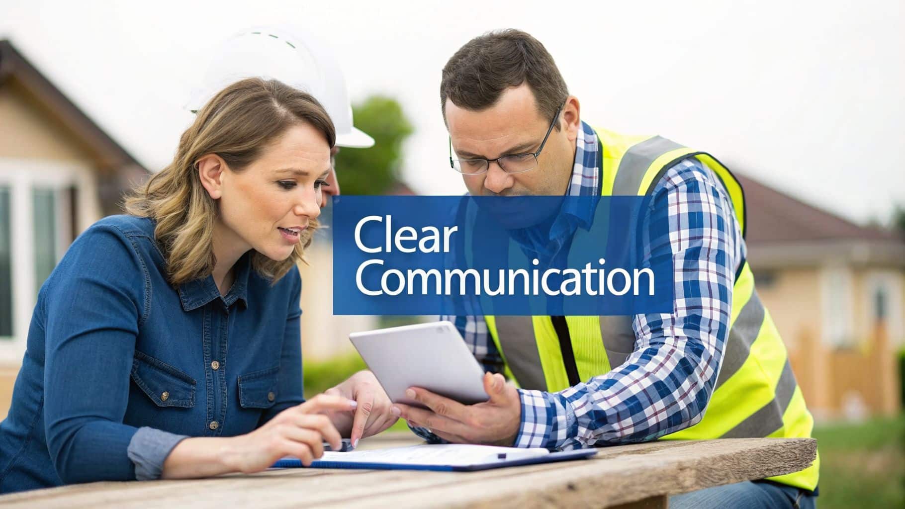 Two construction professionals discuss plans on a tablet and documents at a residential building site.