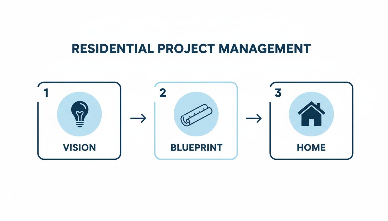 A diagram illustrating the three steps of residential project management: Vision, Blueprint, and Home.