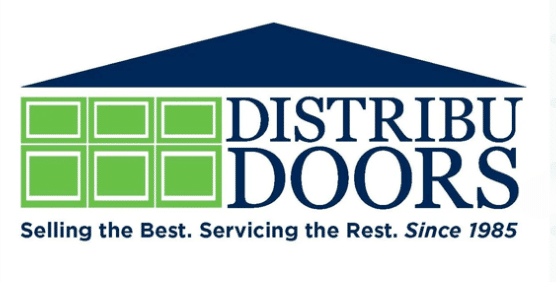 DistribuDoors logo with green doors, a blue roof, and slogan: Selling the Best. Servicing the Rest. Since 1985.