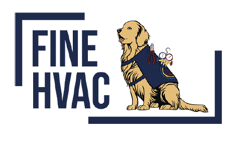 Golden retriever in a vest with HVAC tools next to the text FINE HVAC in bold letters.