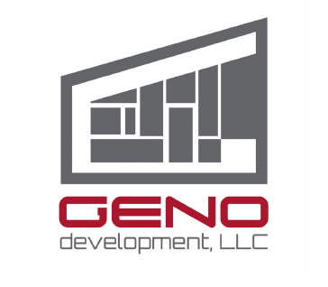 Logo for Geno Development, LLC with a geometric building design in gray and company name in red and gray text.