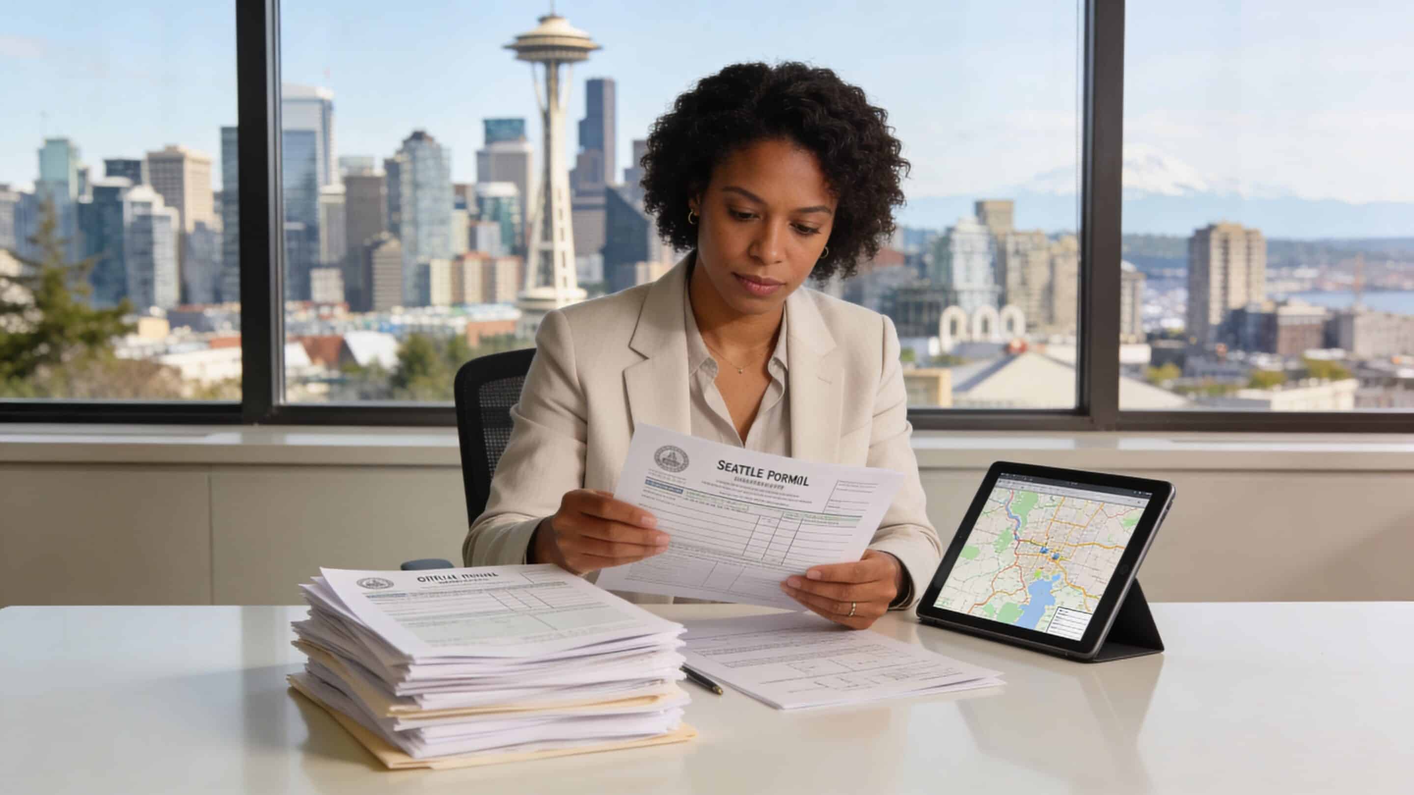A professional woman reviews construction permit documents in a bright office overlooking the Seattle city skyline.