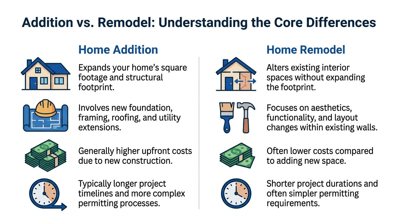 An infographic comparing home addition and home remodel projects by structure, cost, and project duration.