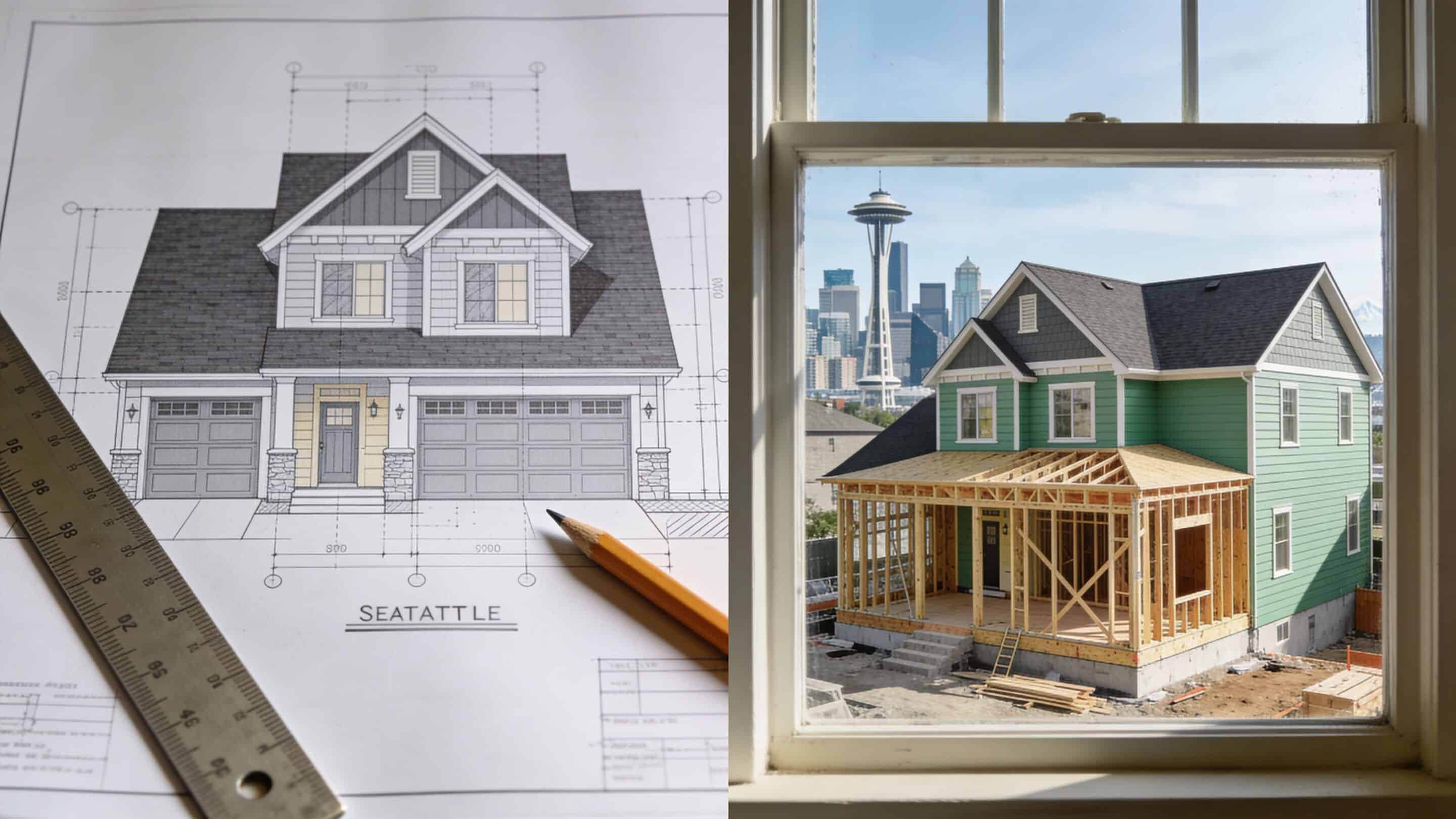 House blueprint and tools on the left; partially built green house with Seattle skyline seen through window on the right.