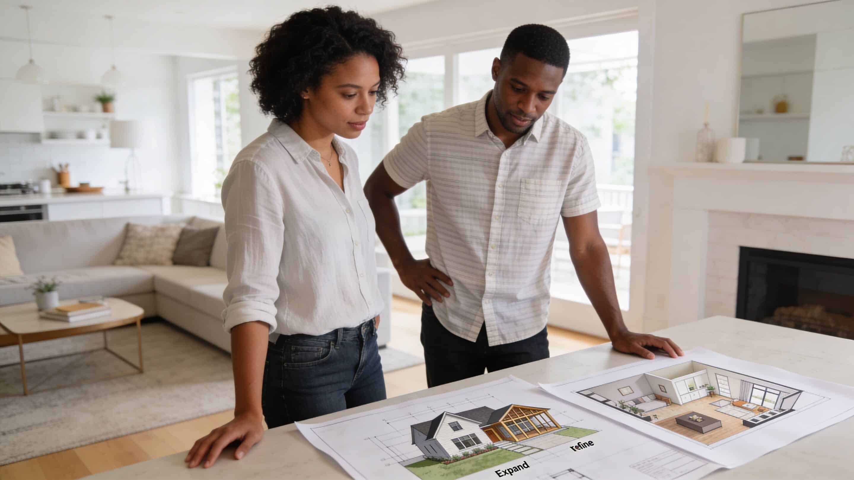 A couple reviews architectural floor plans for a home addition and remodel project on their kitchen counter.