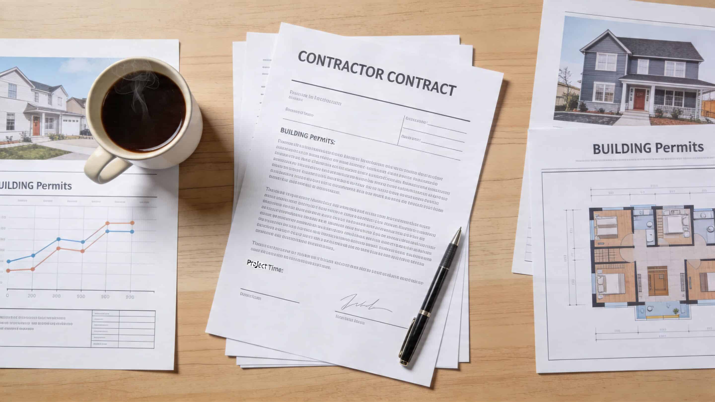 A professional desk workspace featuring a contractor contract, house blueprints, building permits, and a cup of coffee.