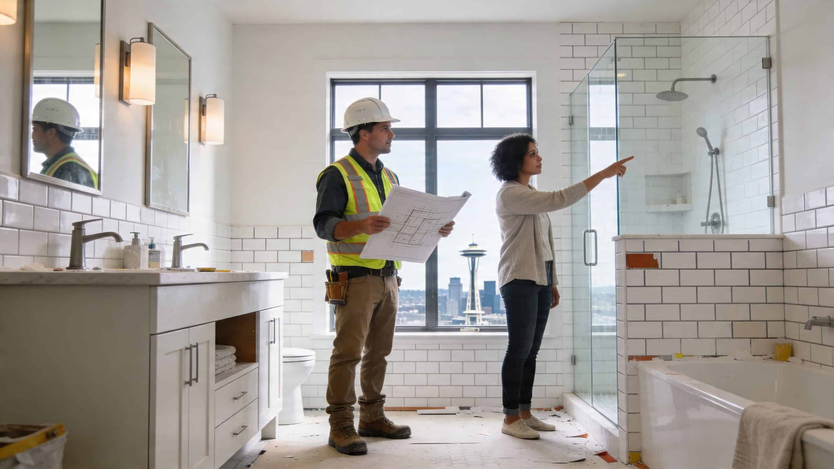 A woman points at a shower while talking to a construction worker holding blueprints in a partially finished bathroom.