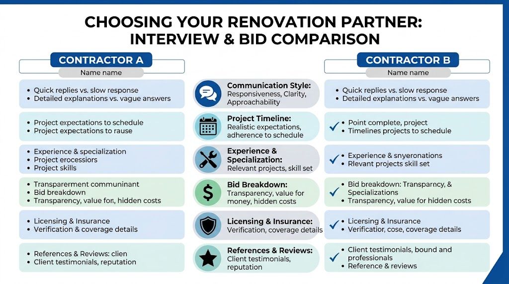 A comparison chart for interviewing and evaluating two different home renovation contractors for building projects.