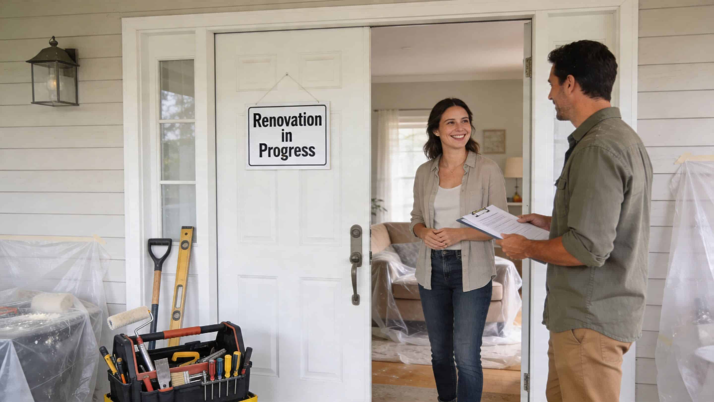 A professional contractor discussing renovation plans with a female homeowner at her house front entrance.