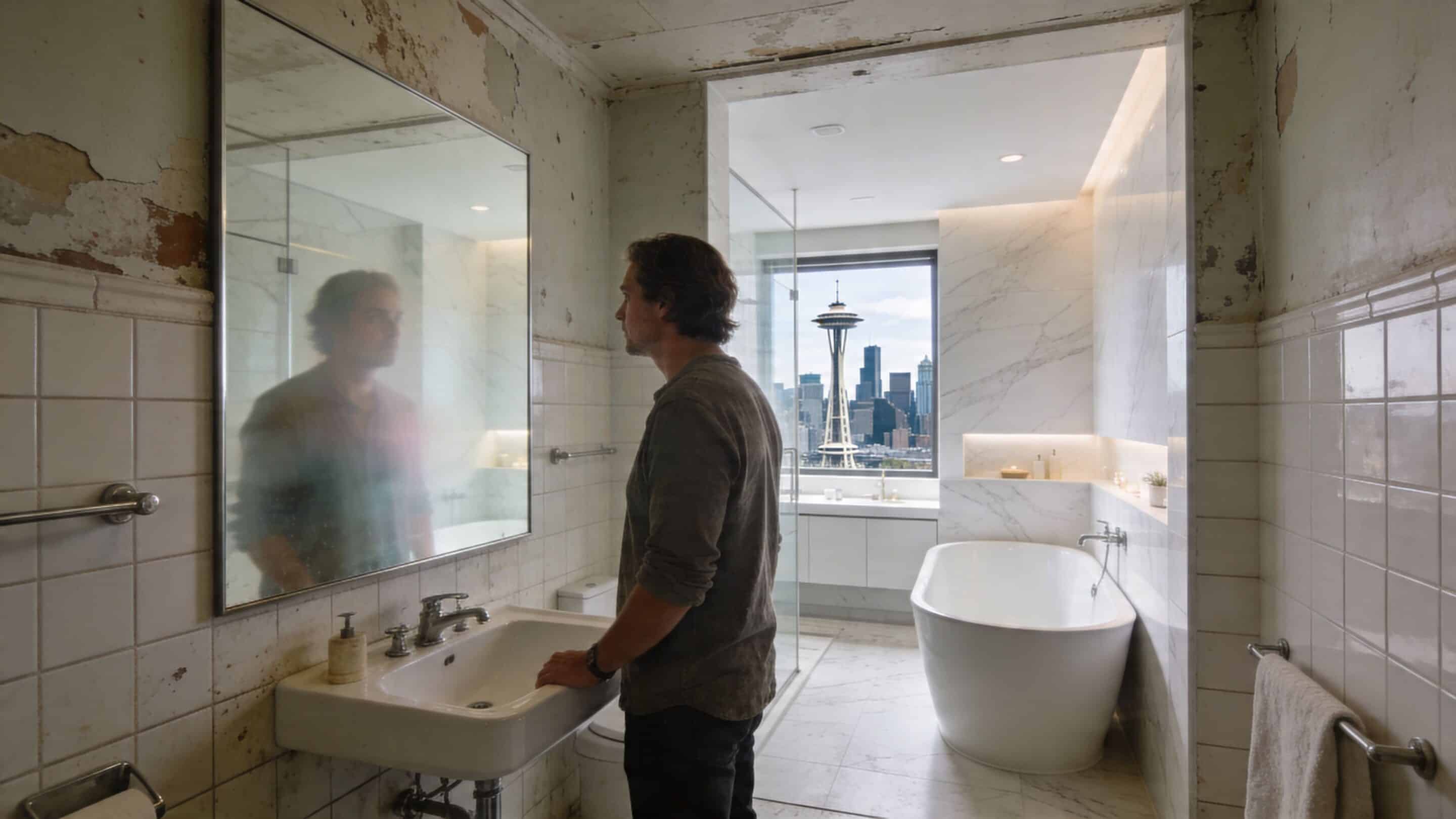 A man stands in a partially renovated bathroom looking into a mirror with the Seattle skyline reflected.