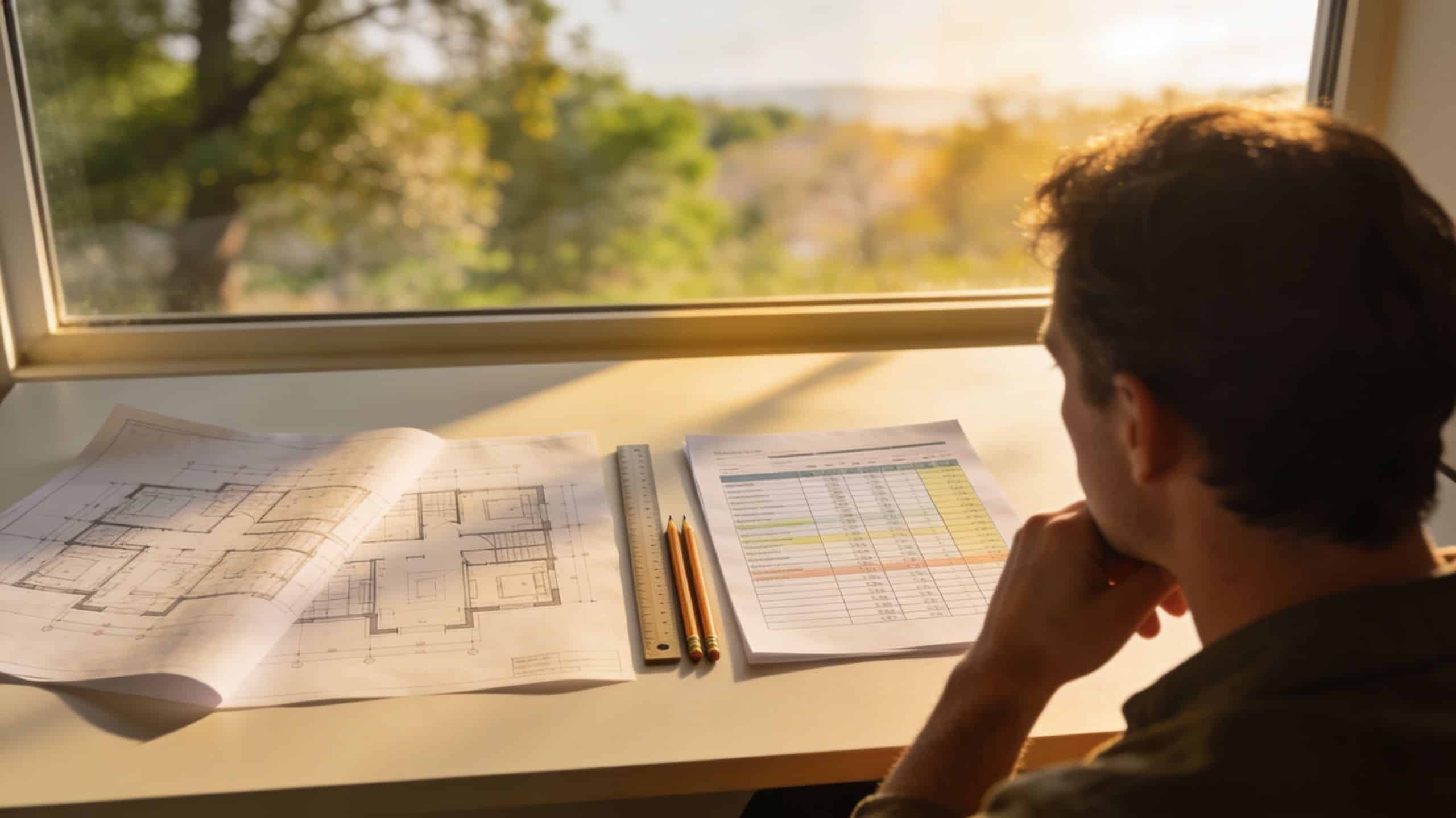 A man contemplates architectural blueprints and data spreadsheets on a desk near a window at sunset.