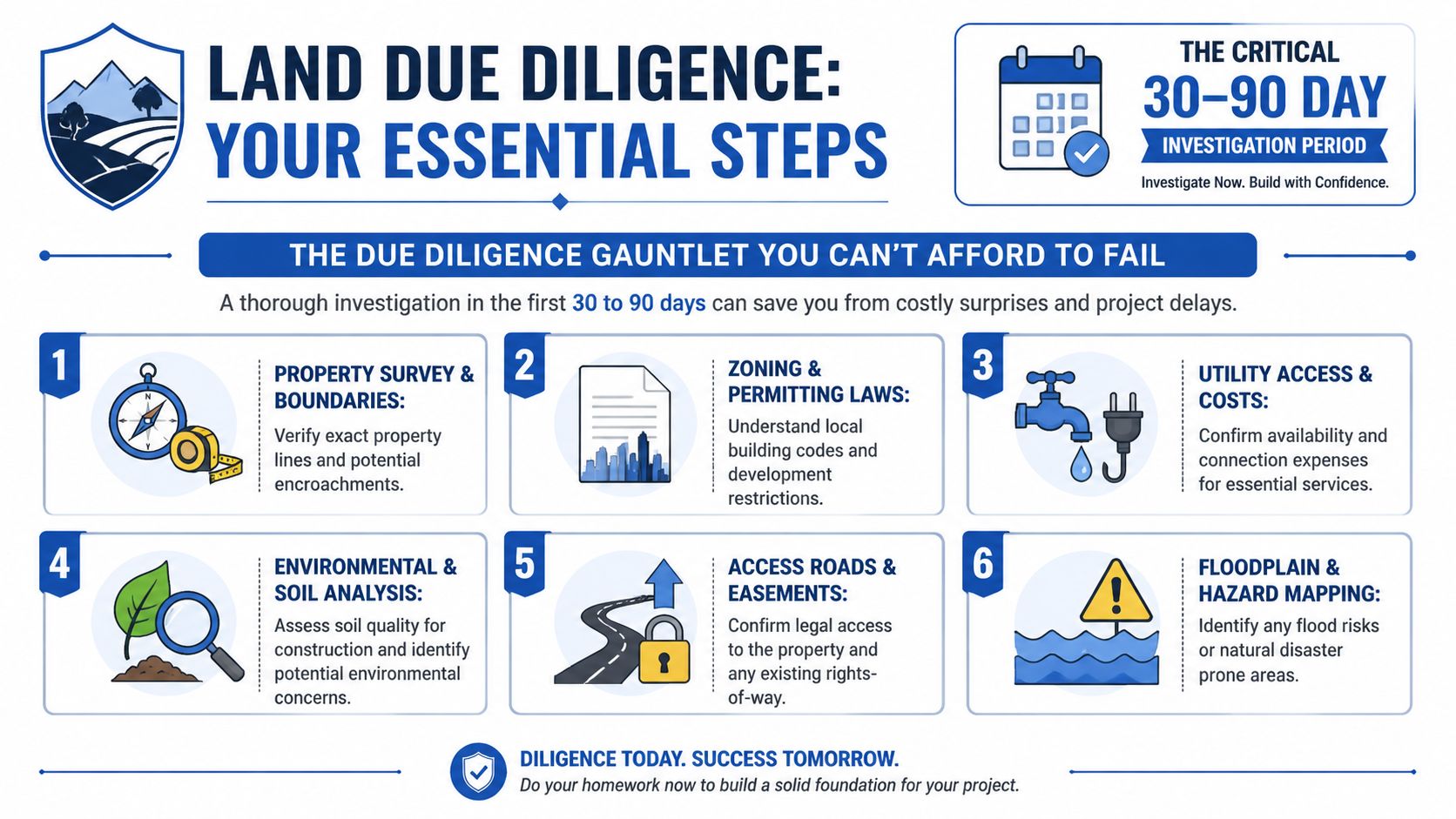 A checklist infographic outlining six essential steps for land due diligence during a 30 to 90 day investigation.