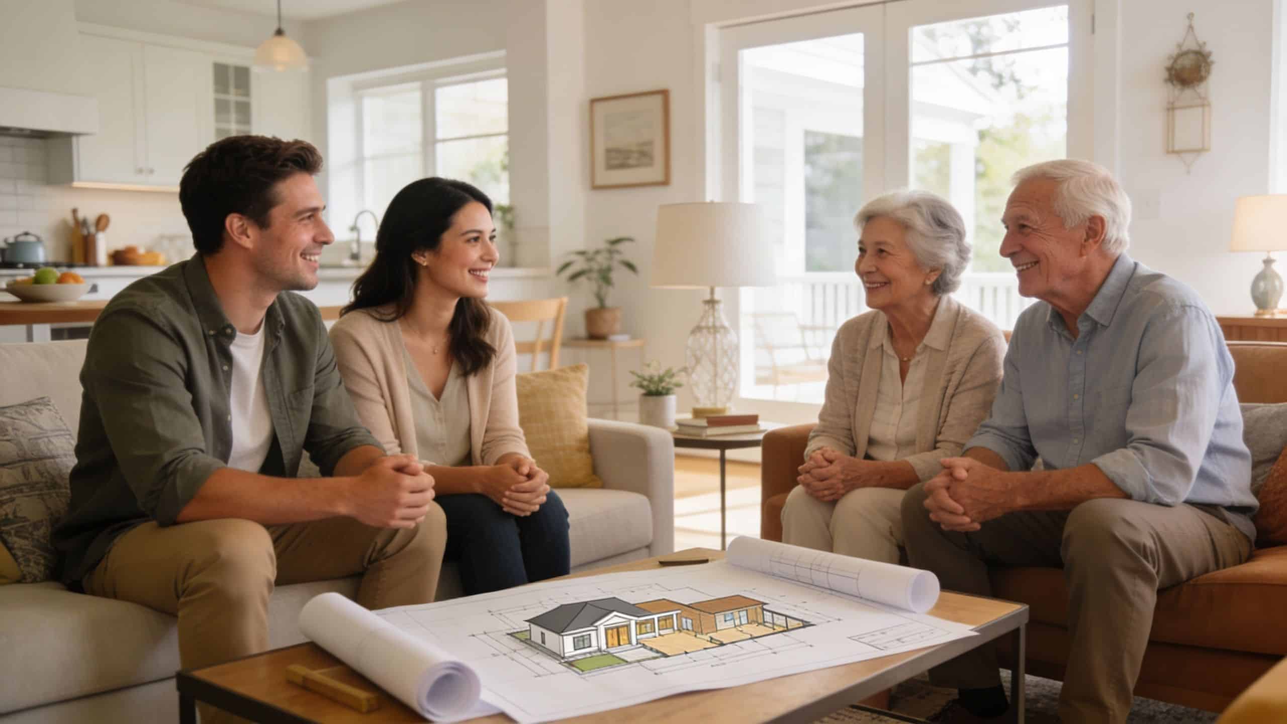 A young couple sits with an older couple discussing house plans in a cozy living room setting.