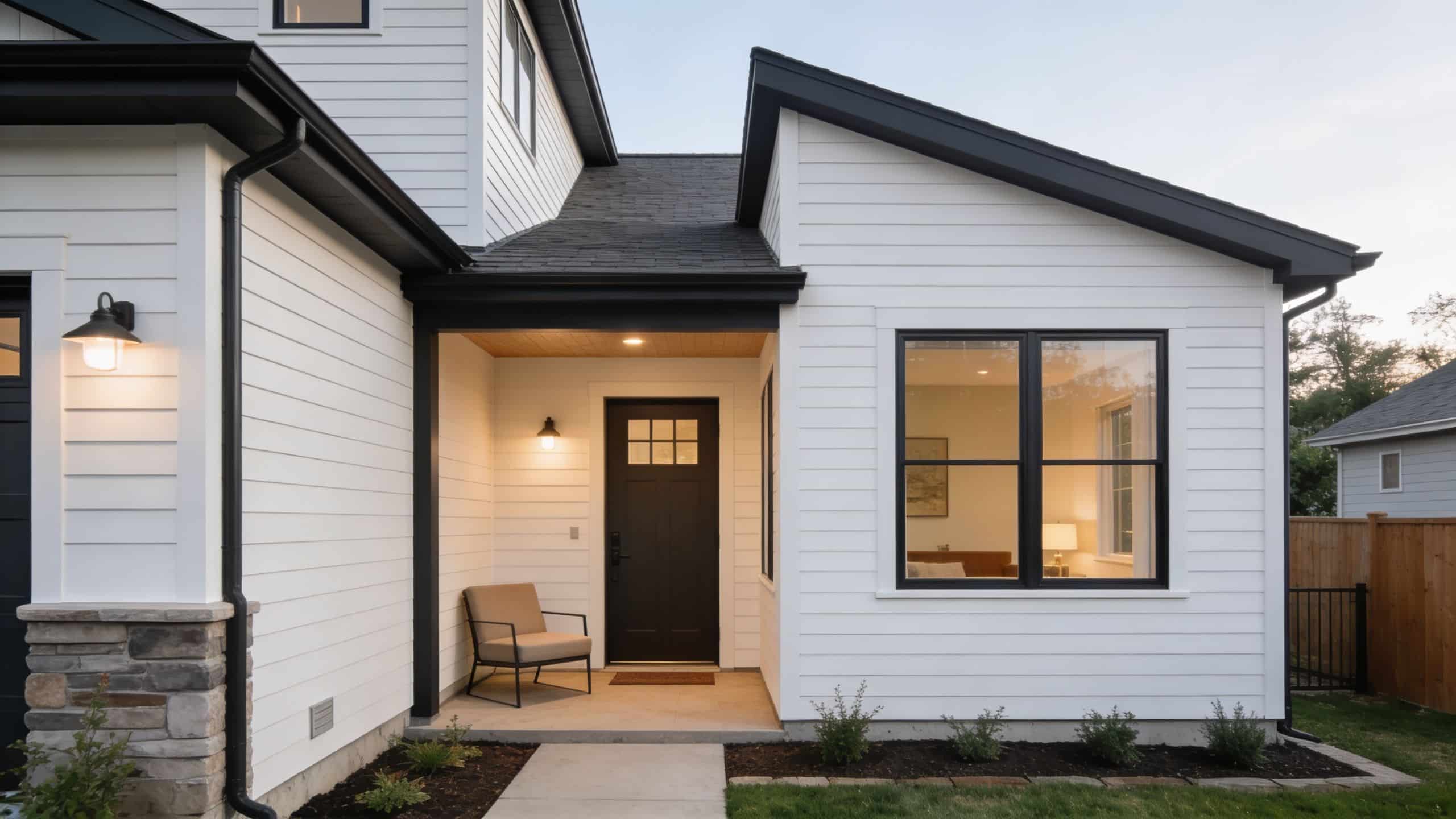 A modern farmhouse exterior with white horizontal siding, a black front door, and a cozy covered entryway.
