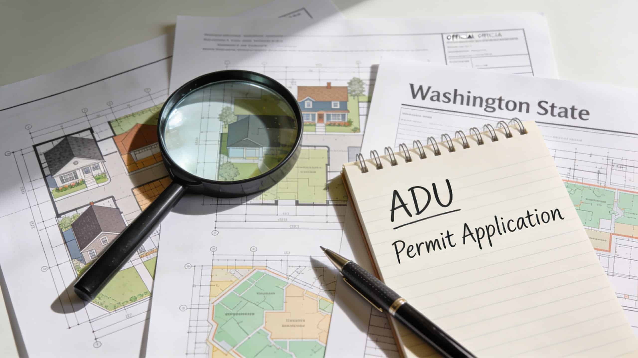 A magnifying glass resting on home construction blueprints with an ADU permit application notebook and a pen.