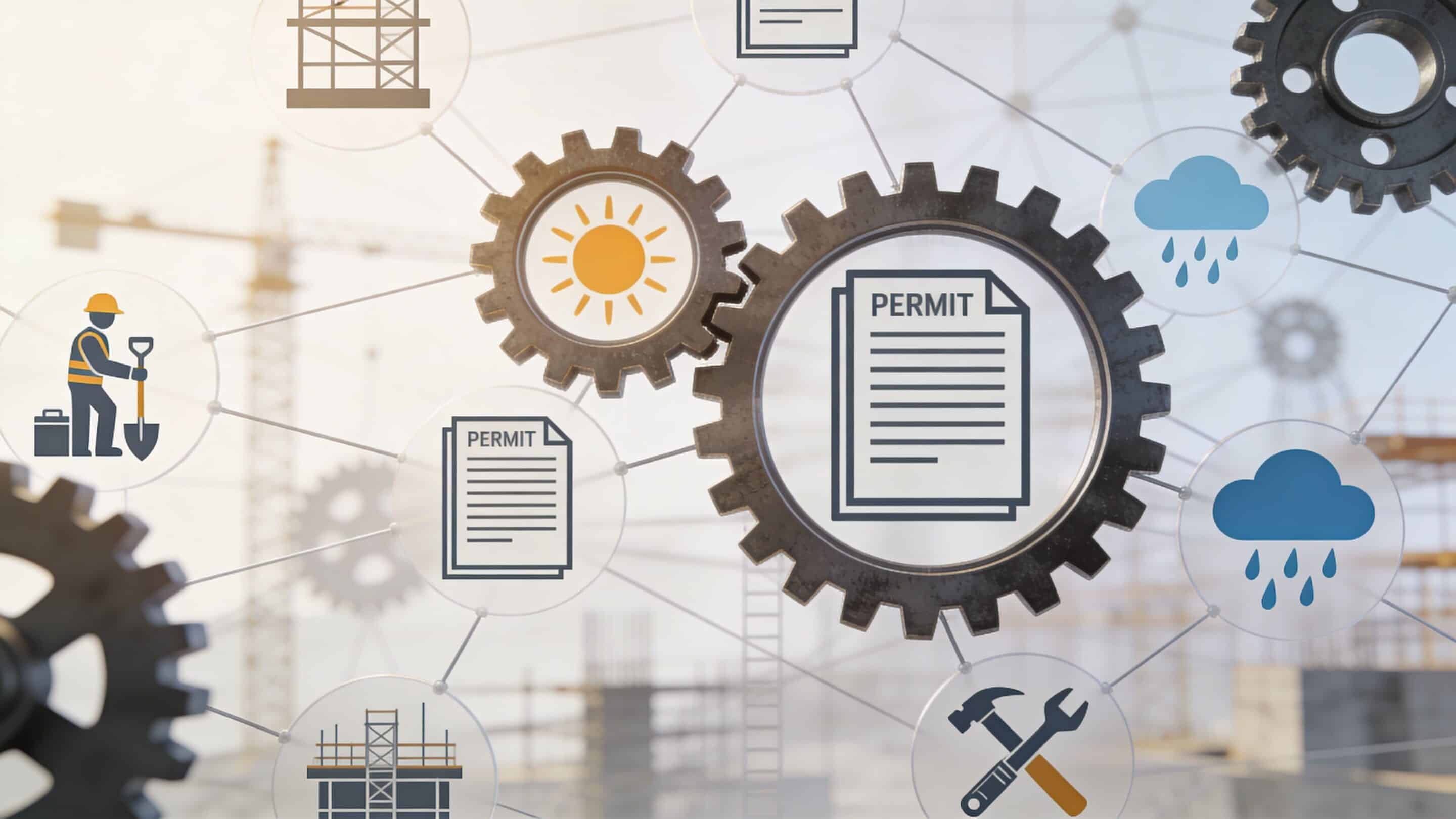 A digital graphic featuring gears and construction icons like permits, tools, weather, and scaffolding on a construction site background.