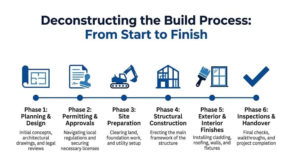 A six-phase infographic explaining the residential building construction process from initial planning to project handover.