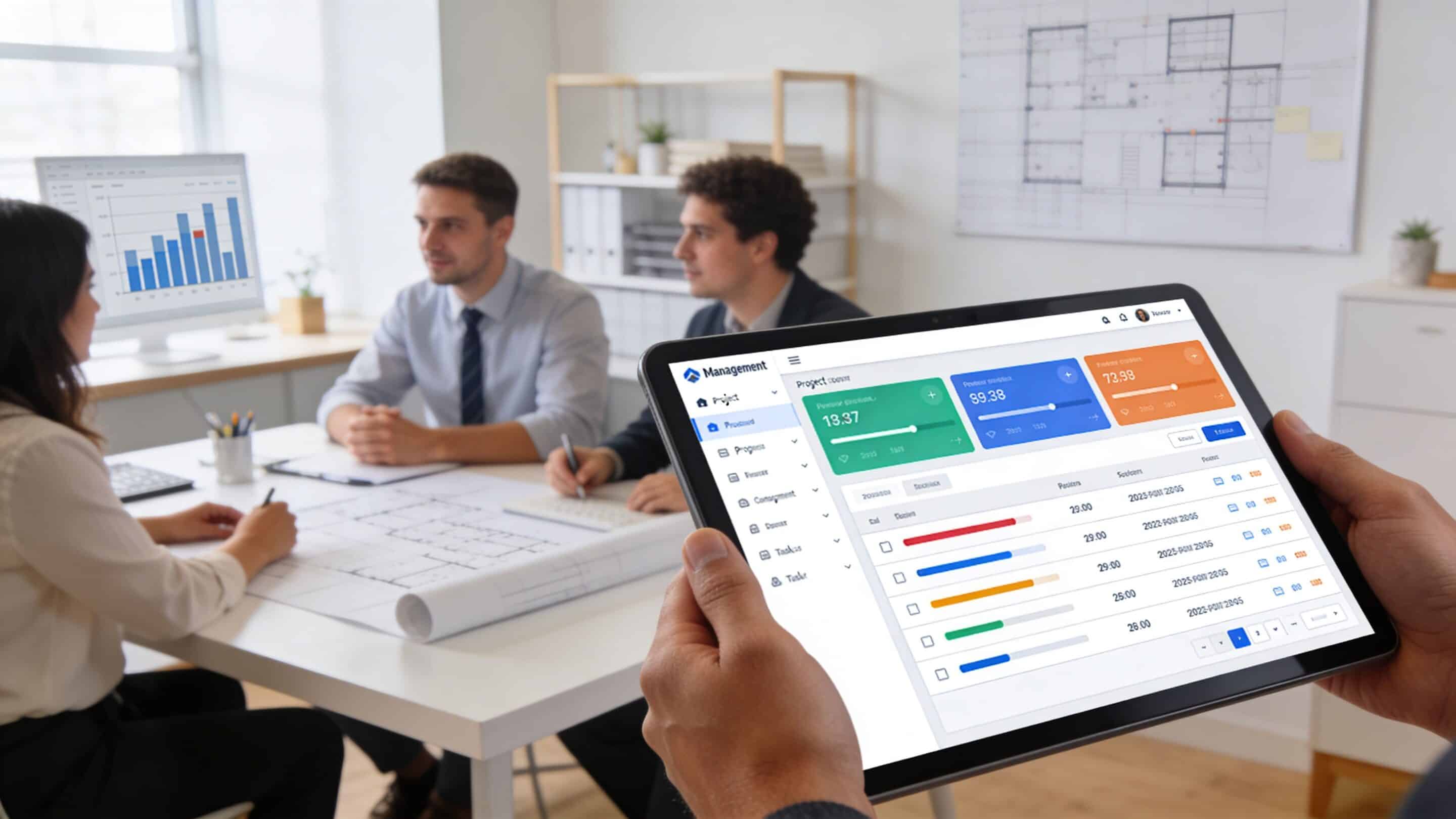 A professional team in an office reviews construction project progress on a digital tablet and computer monitor.