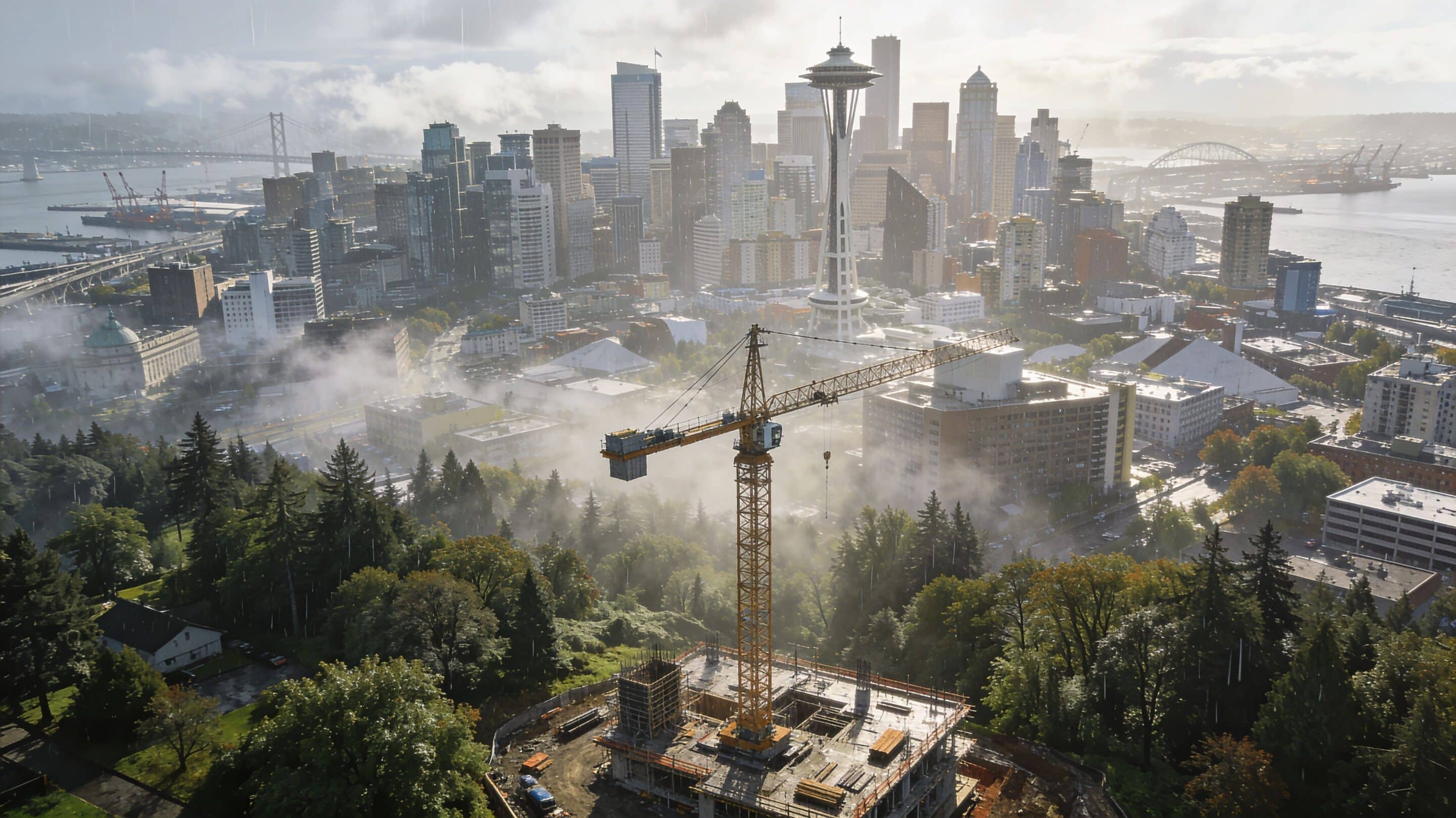A high-angle view of a city construction site featuring a crane with the Seattle skyline background.