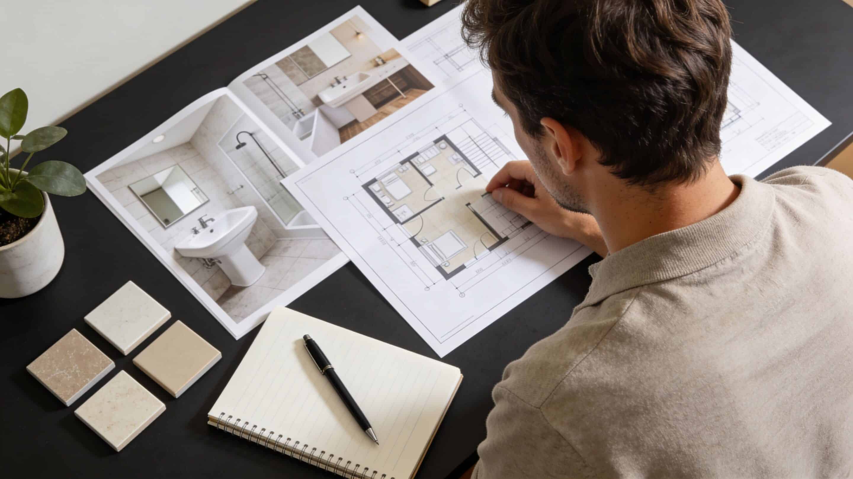 A professional interior designer reviewing bathroom architectural plans and selecting tile samples at a workspace.