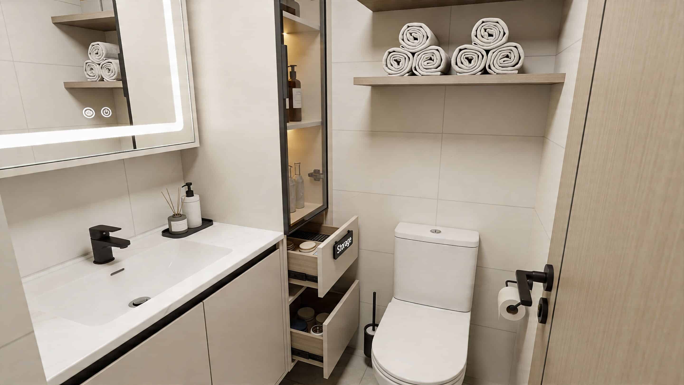A modern small bathroom features smart storage solutions with a vanity, tall cabinet, and wall shelves.