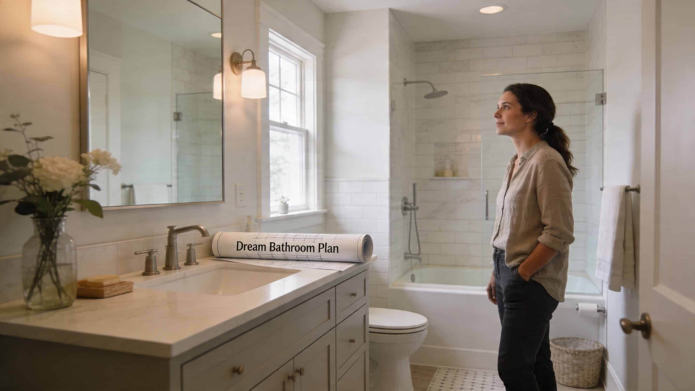 A woman stands in a light-filled bathroom looking at a rolled-up set of dream bathroom renovation plans.