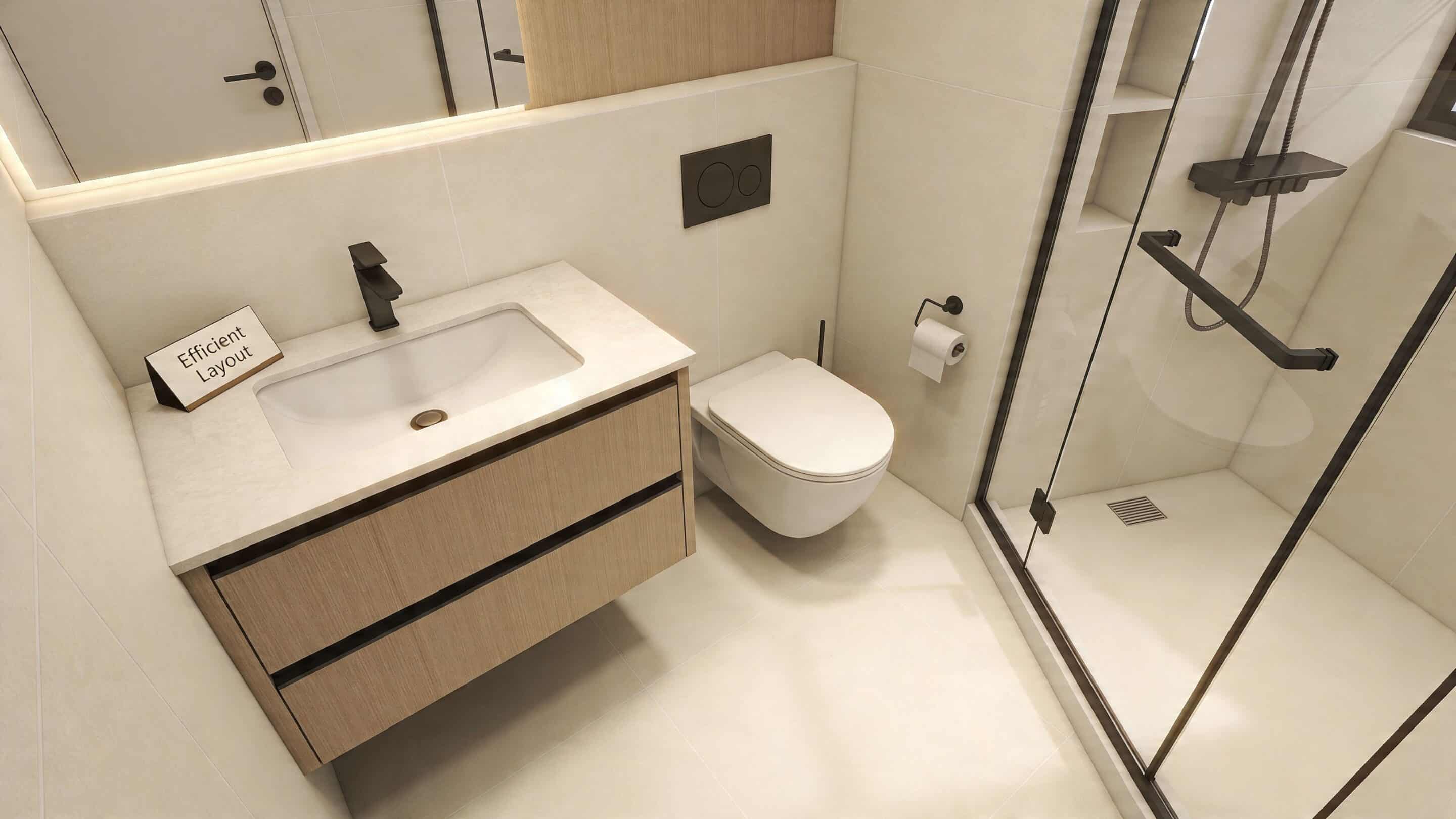A modern, small bathroom design featuring a floating wooden vanity, white toilet, and a glass-enclosed shower.