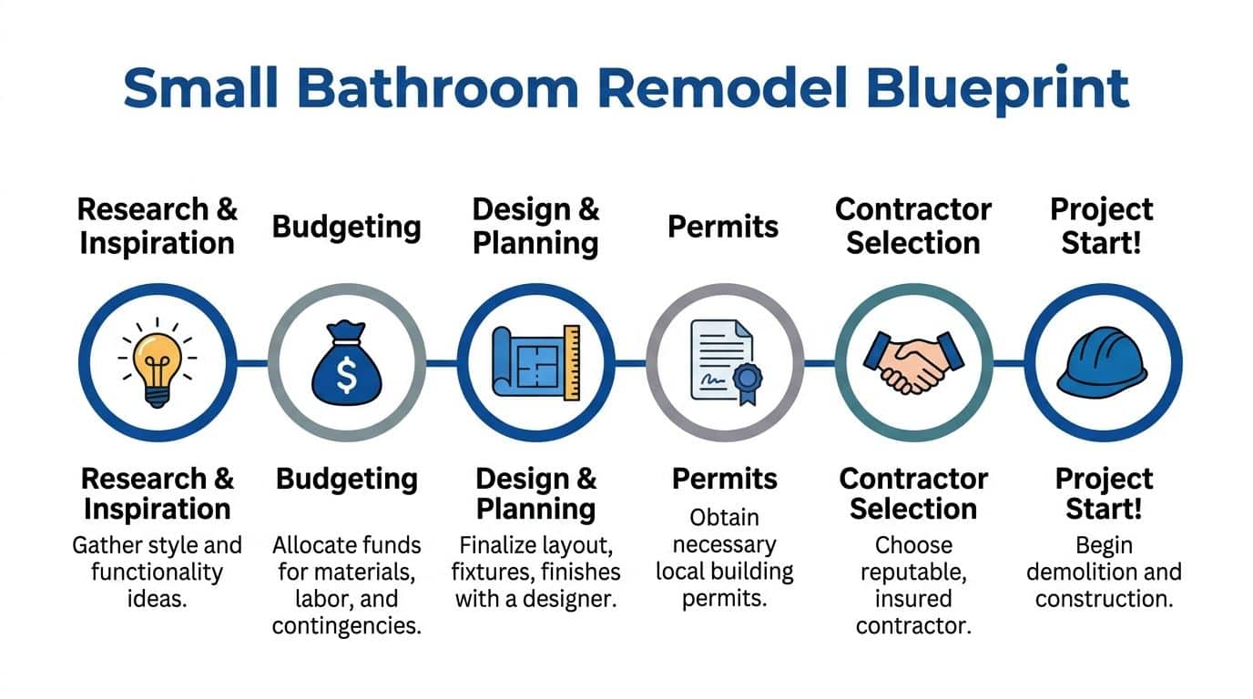 A six-step infographic guide detailing the process of planning and starting a small bathroom remodel project.