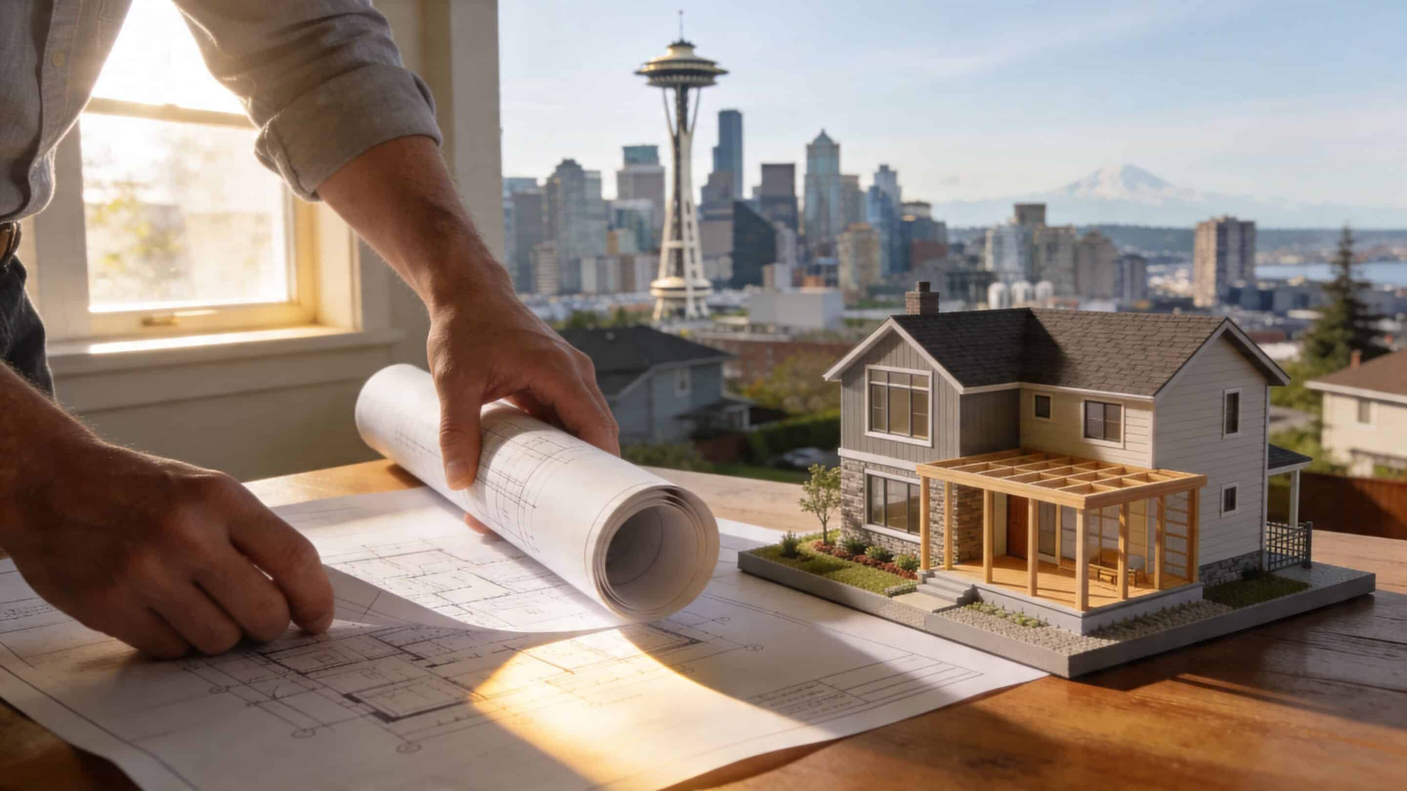 Person unrolling architectural plans beside a house model, with the Seattle skyline visible through the window.