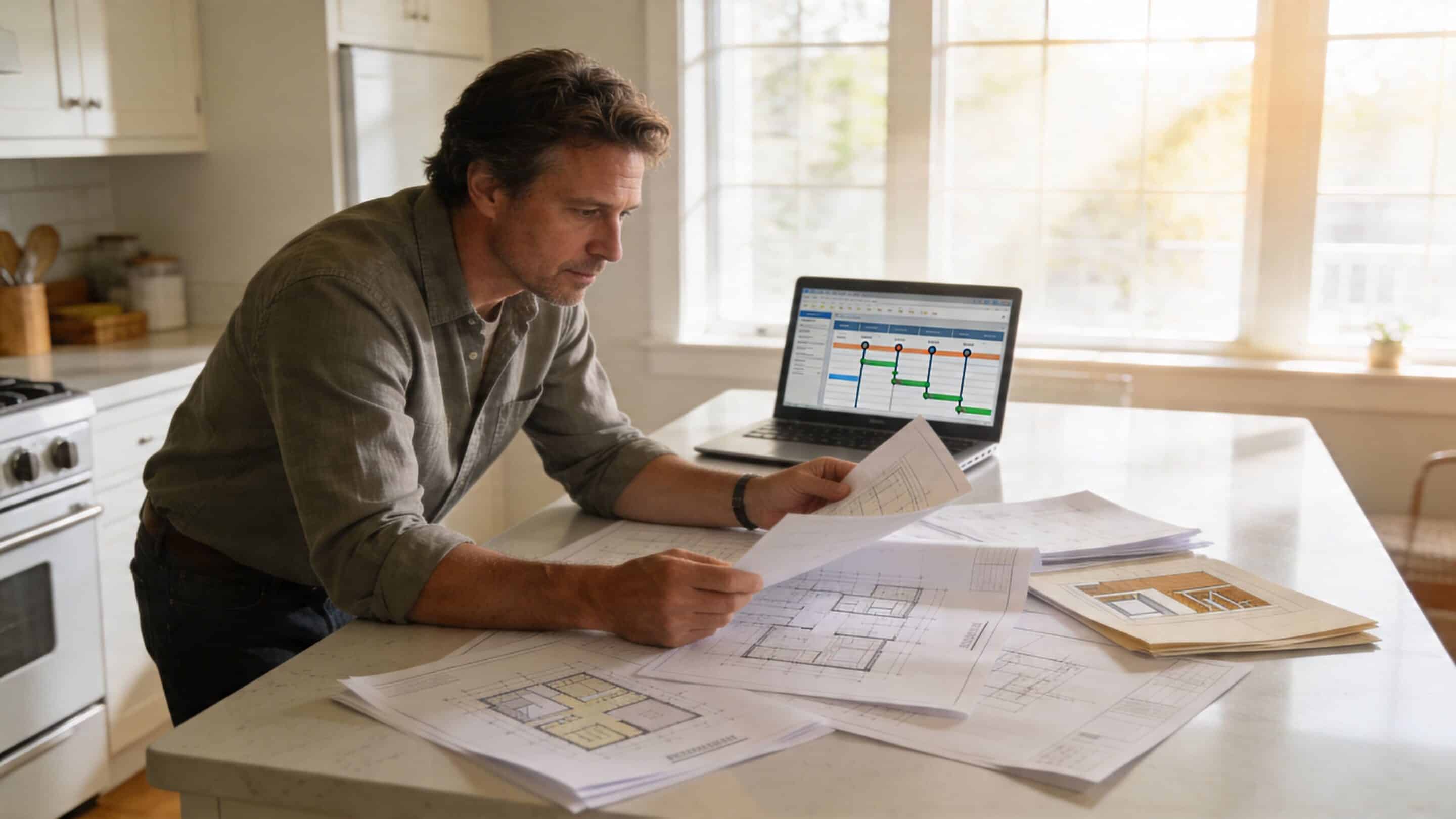 A professional man reviewing architectural blueprints and project schedules in a bright, modern kitchen workspace.