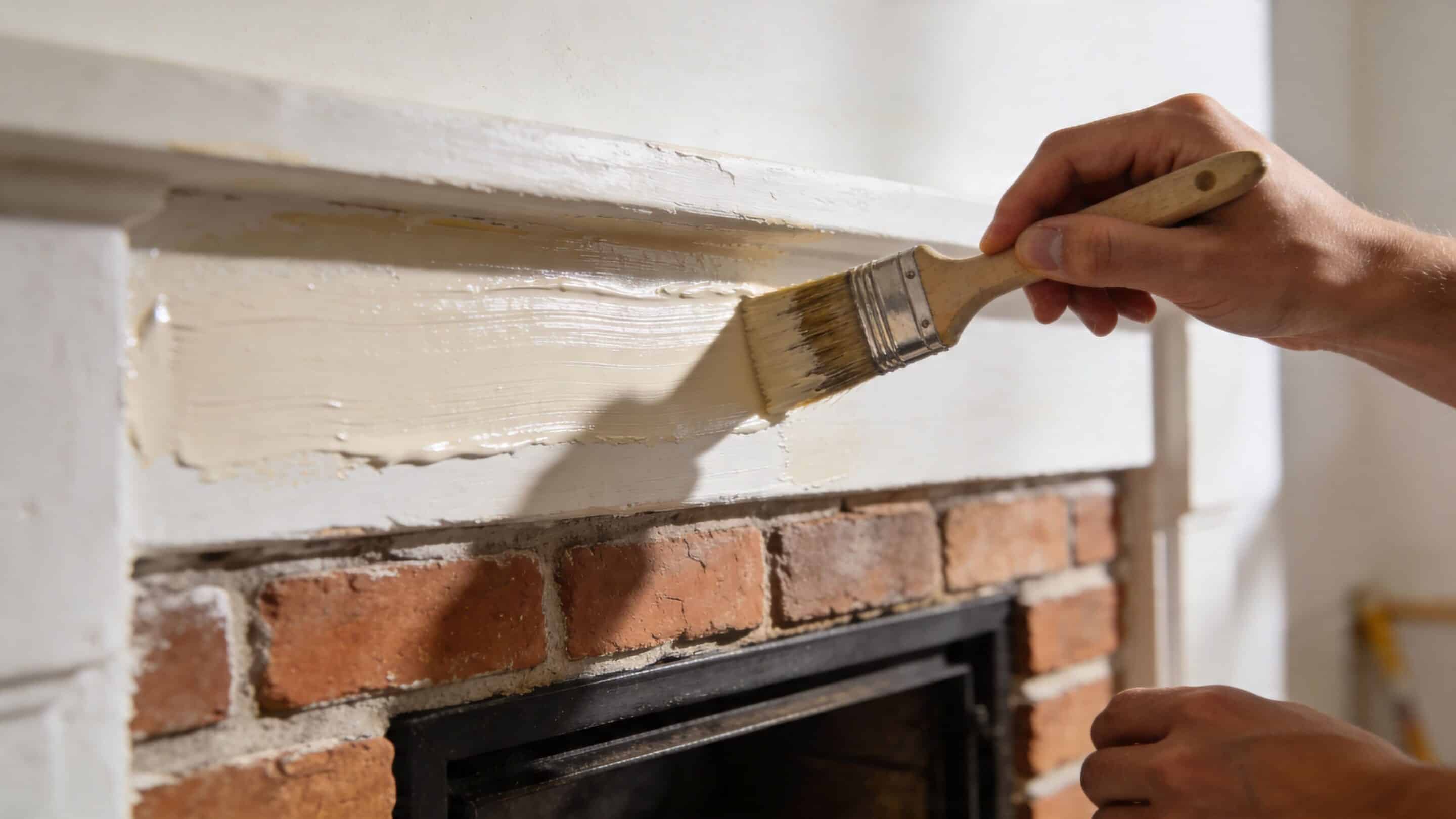A person painting a white wooden fireplace mantel above a rustic brick fireplace with a paintbrush.