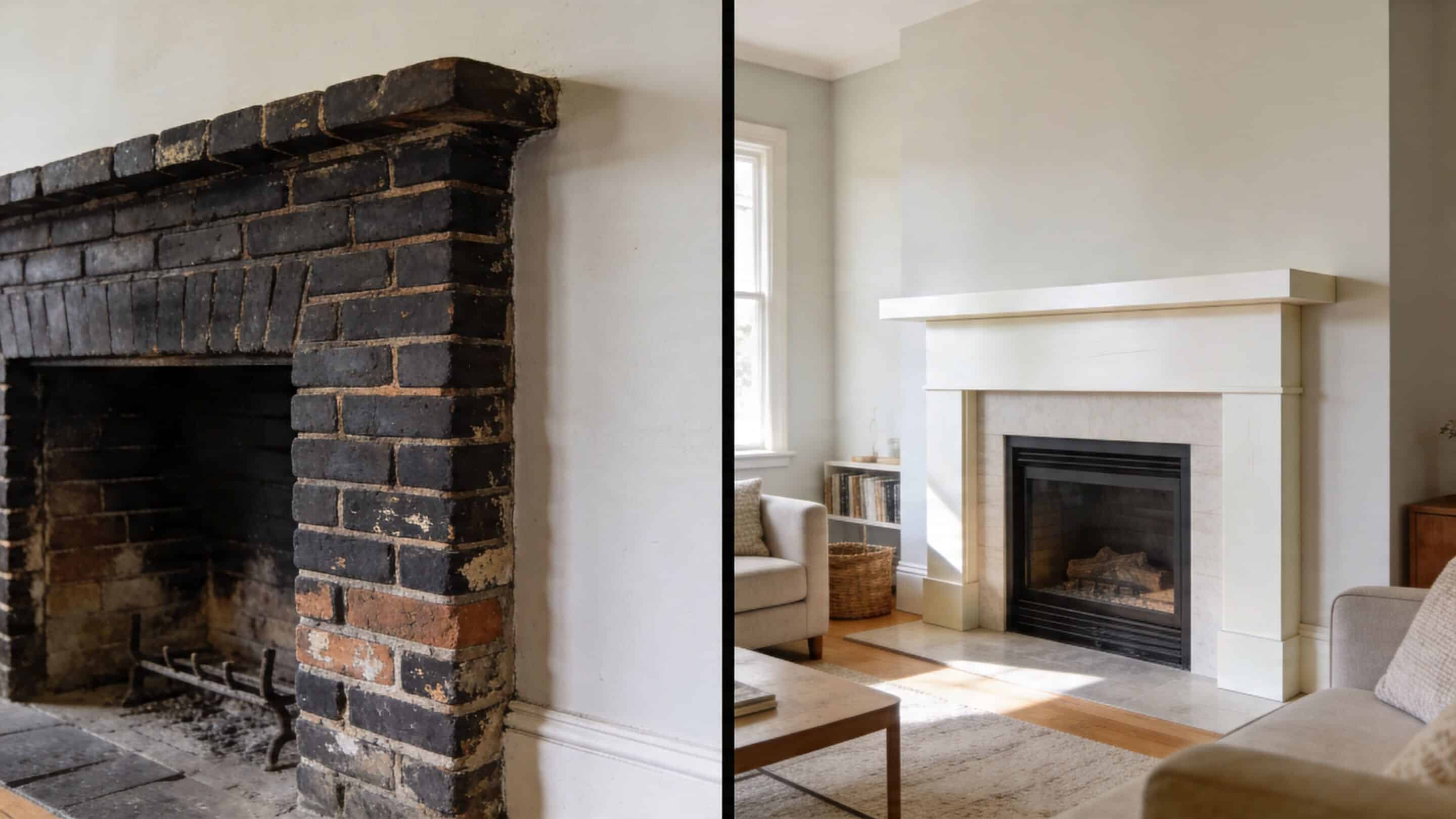 A split image showing the before and after transformation of an outdated dark brick fireplace into a modern mantel.
