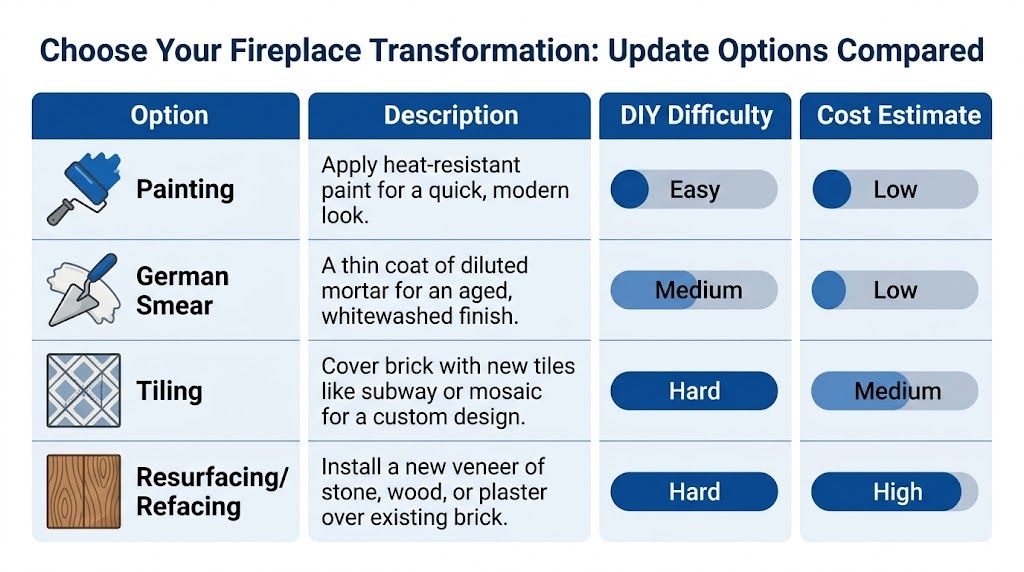 A comparison chart outlining four methods to update a brick fireplace with difficulty and cost levels.