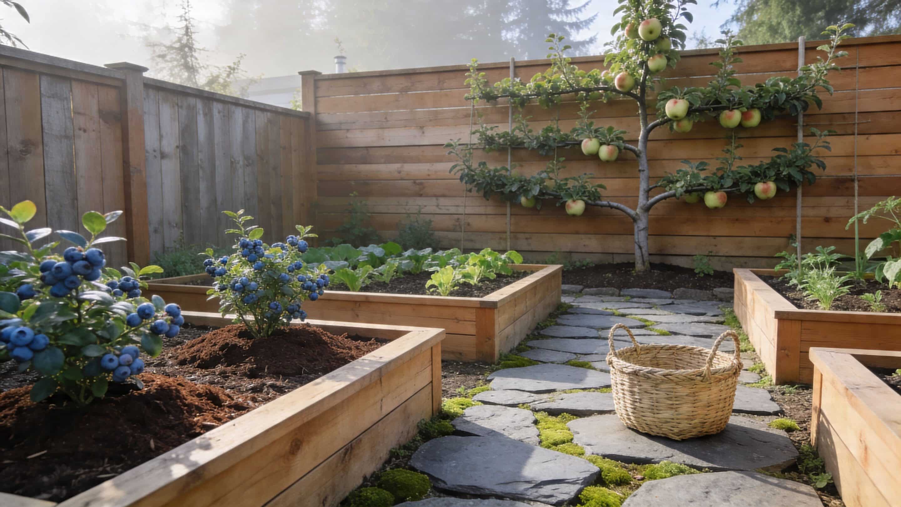 A raised garden bed with a blueberry bush beside a stone path and apple tree.