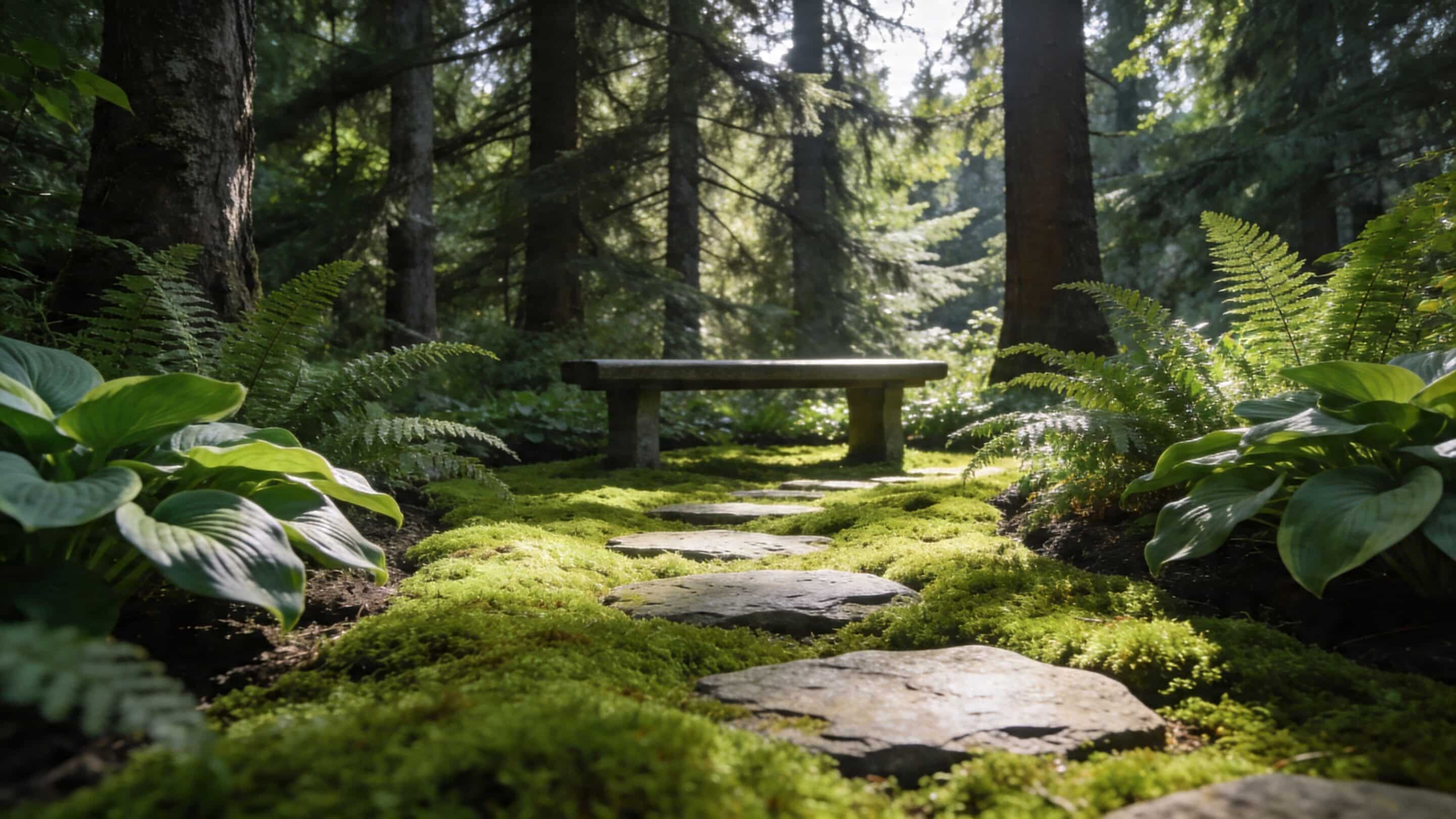 A serene stone bench sits at the end of a mossy garden path in a lush forest.