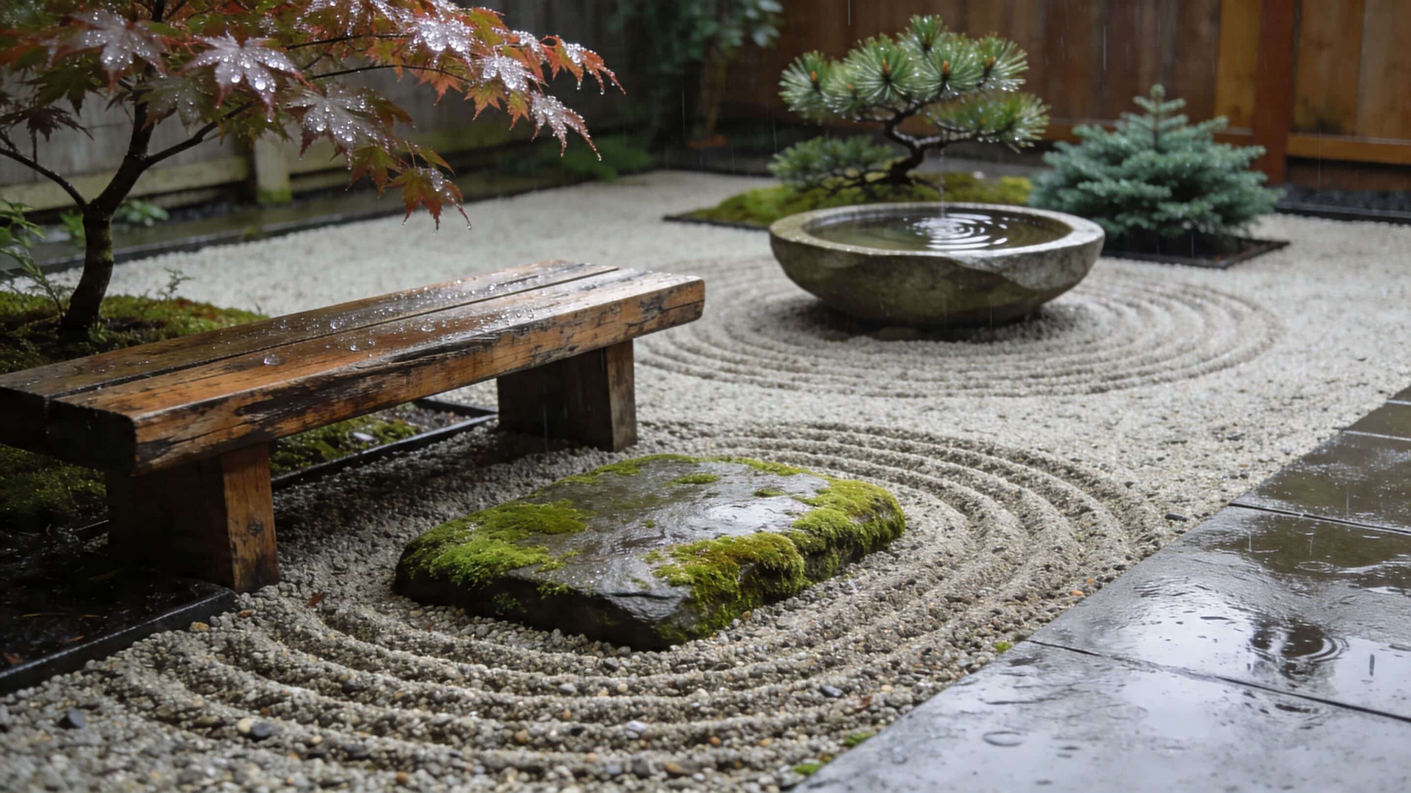 A peaceful Japanese zen garden with a wooden bench, raked gravel, mossy stone, and bonsai tree in rain.