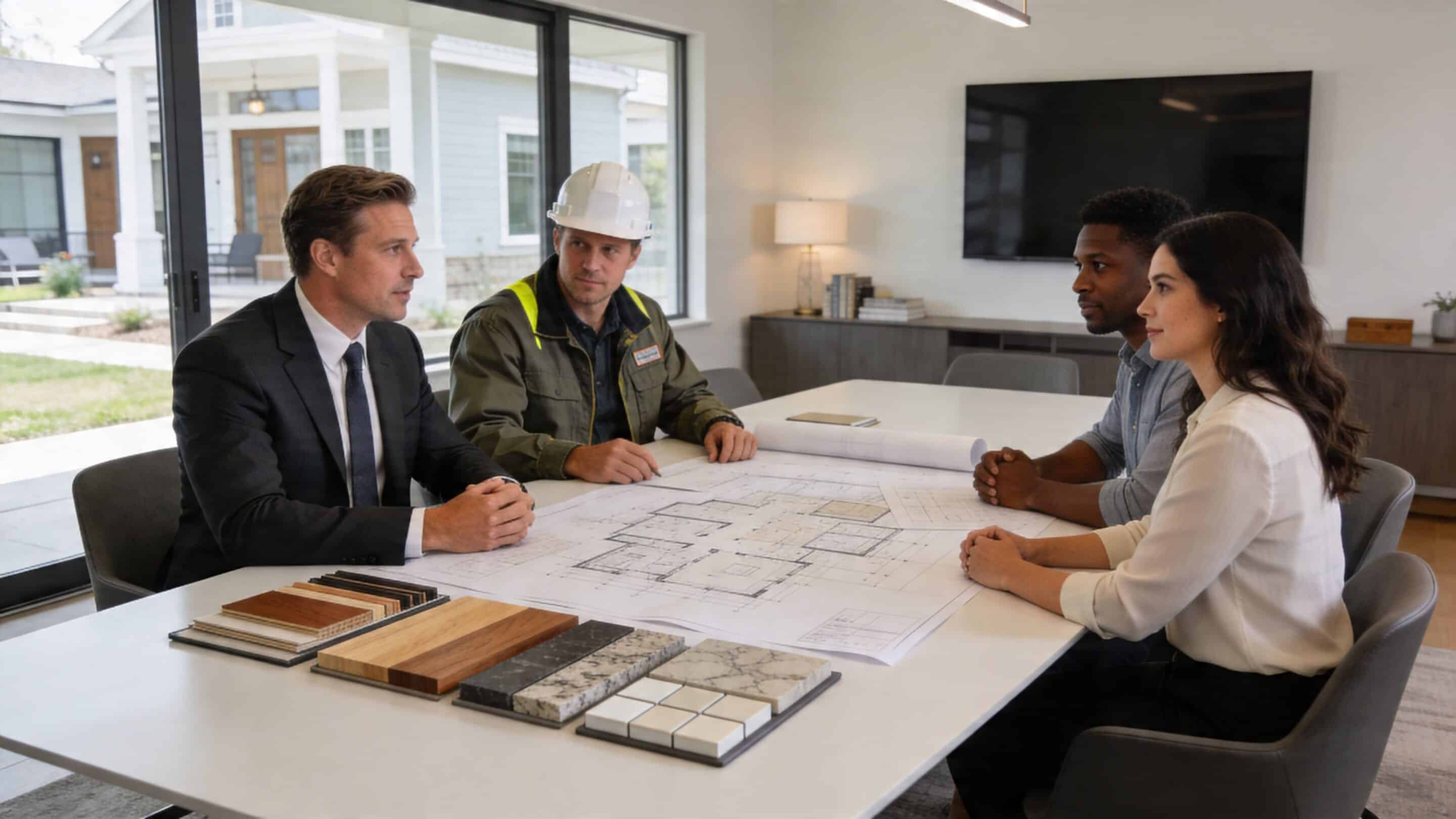 A professional construction consultation with architects and clients reviewing blueprints and material samples in a modern office.